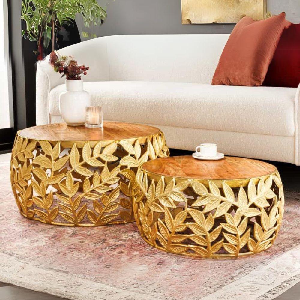 LEBENSwohnART Extravagantes Couchtisch-Set RIXOS-Leaf ca.70cm Metall Akazie 9943818