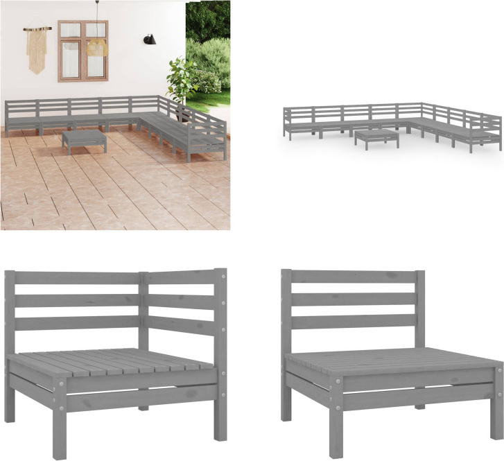 vidaXL 10 ks záhradná obývacia súprava z masívneho dreva borovica sivá - záhradná obývacia súprava - vonkajšia obývacia súprava - drevená pohovka - drevená záhradná pohovka