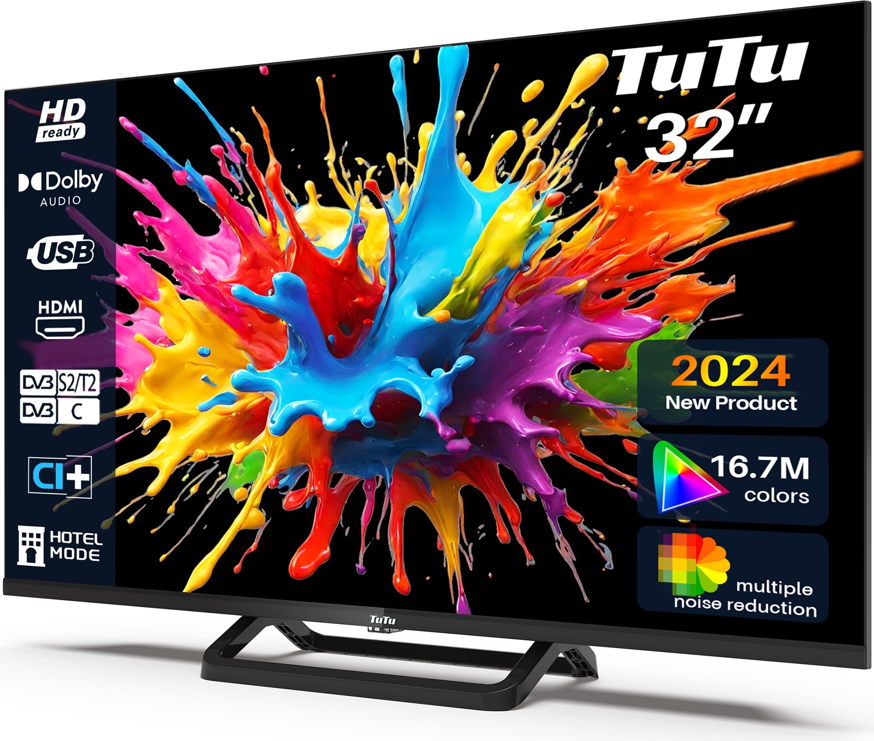 TuTu 32-palcový (80 cm) LED HD Ready televízor s trojitým tunerom (DVB-T/T2-C-S/S2) HDMI USB prehrávač médií CI+ Hotelový režim Bez ráfikov - TUB32HN1NC