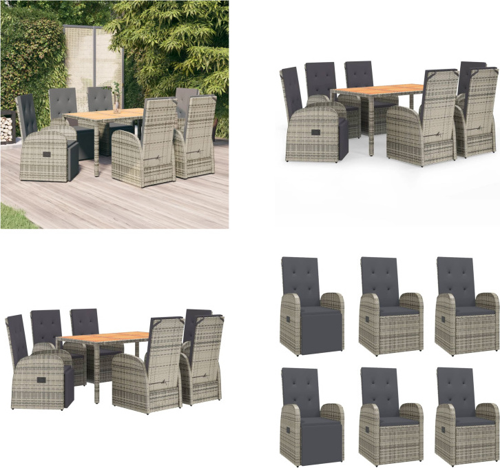 vidaXL 7 tlg. Garten Essgruppe mit Kissen Grau Poly Rattan - Garten Essgruppe - Garten Essgruppen - Essgruppe - Essgruppe Terrasse