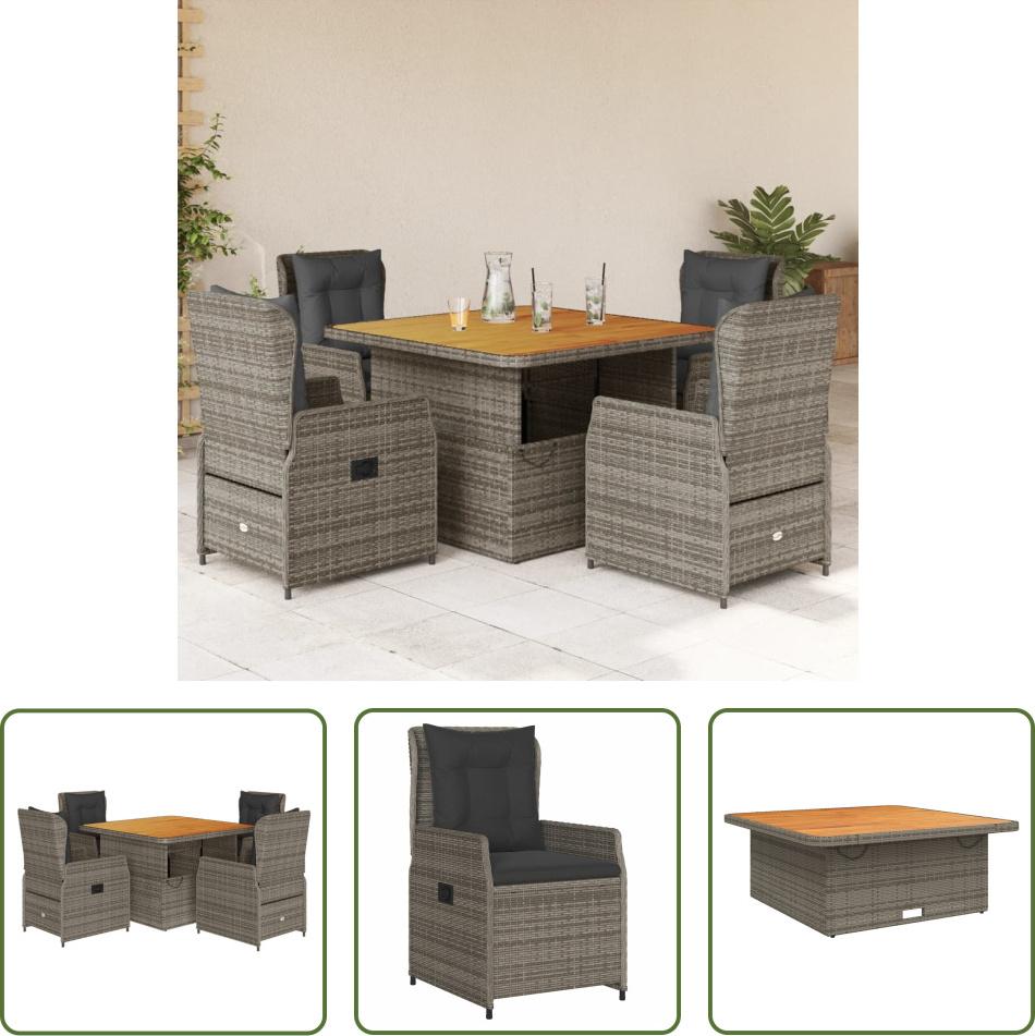 The Living Store 5-dielny záhradný jedálenský set s vankúšmi sivý polyratan