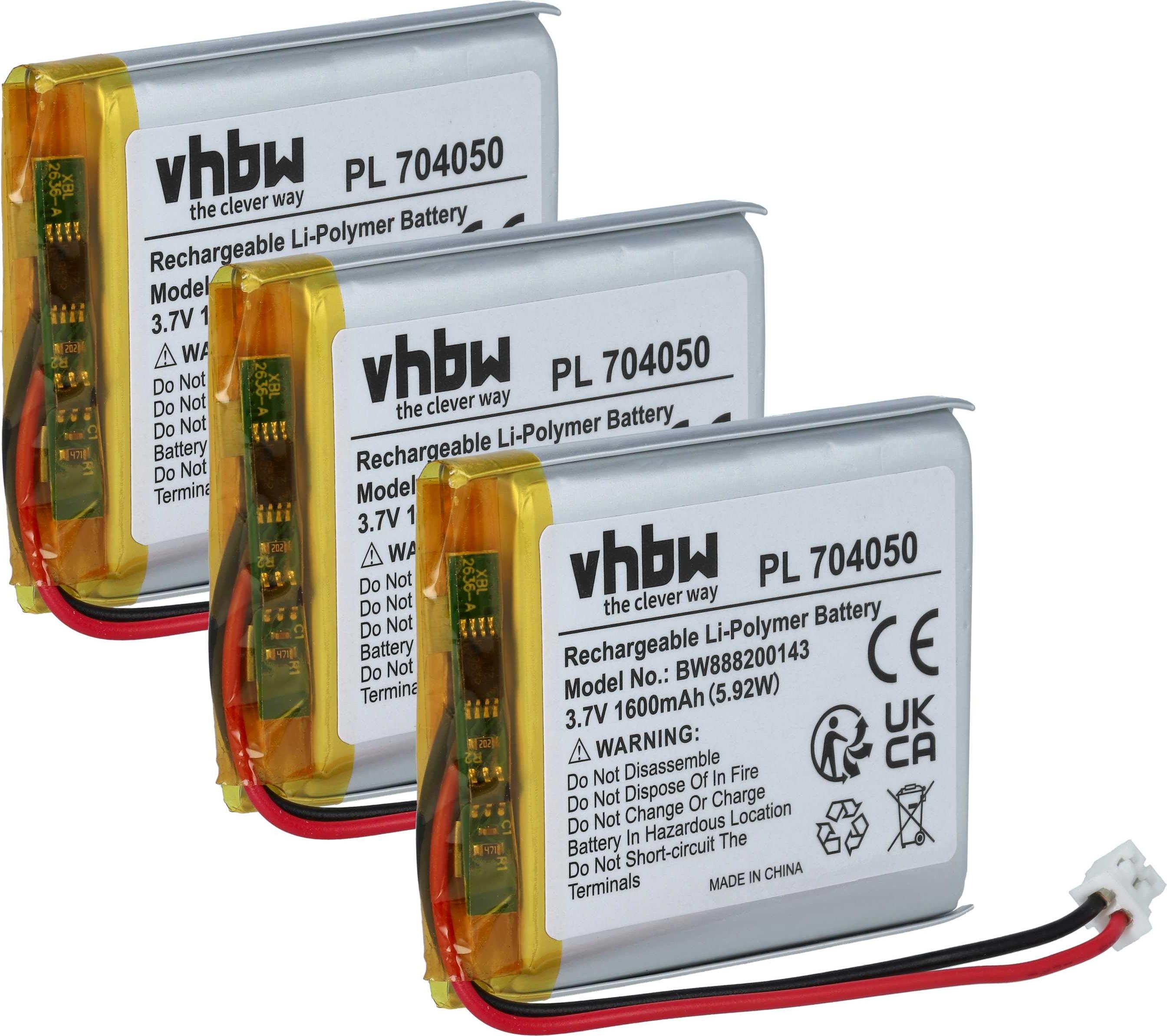 vhbw 3x Akku Ersatz für Fatboy PN704050 für Tischlampe, Nachttischlampe (1600 mAh, 3,7 V, Li-Polymer) 183121189-1