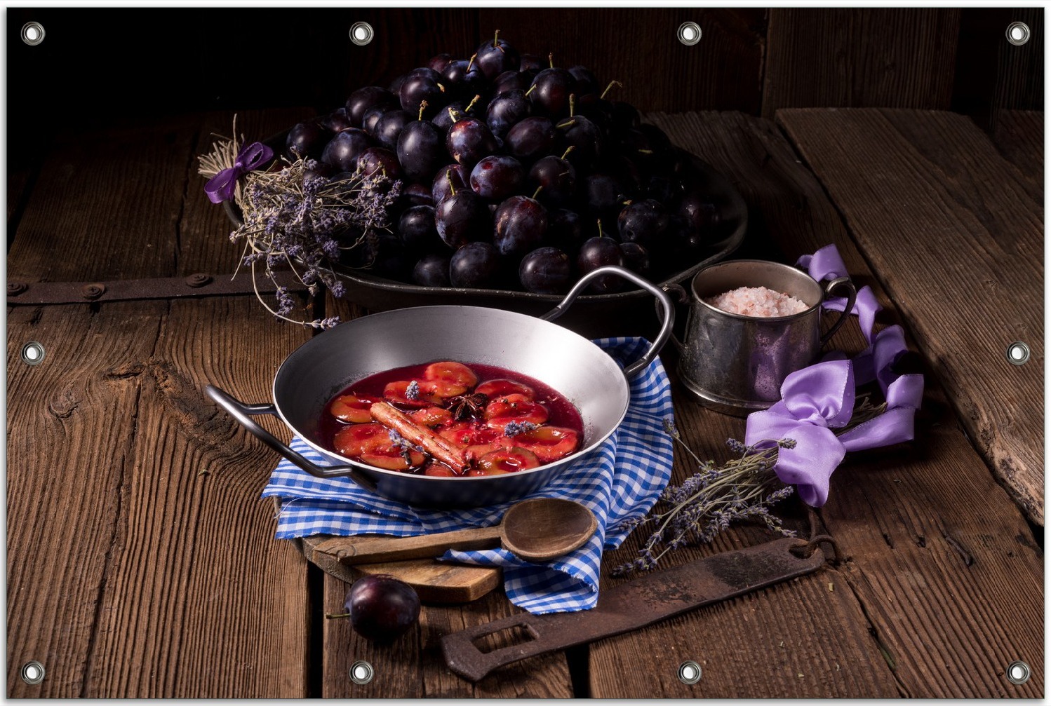 Wallario Outdoor-Poster für Garten oder Balkon, Motiv Frisches Pflaumenkompott mit Gewüzen, in ca. 80 x 120 cm goban5325-80120