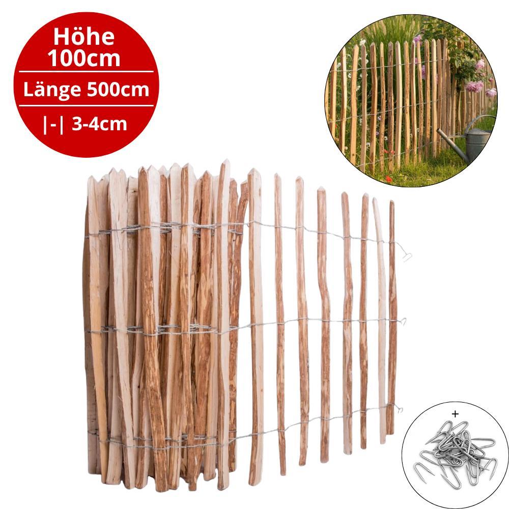 SEVICO Staketenzaun Haselnuss 5m natur Gartenzaun Haselholz 100 cm Abstand 3–4 cm