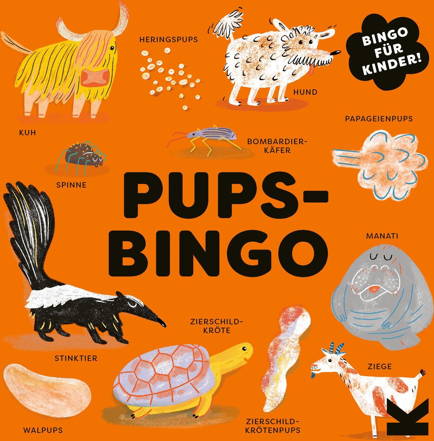 LAURENCE KING, Pups-Bingo, Bingo-Spiel mit witzigem Thema, Lustiges Familienspiel mit tierisch witzigen Pupsen, Ideal für Kinder und Erwachsene, Für 2-4 Spieler ab 4 Jahren 444563