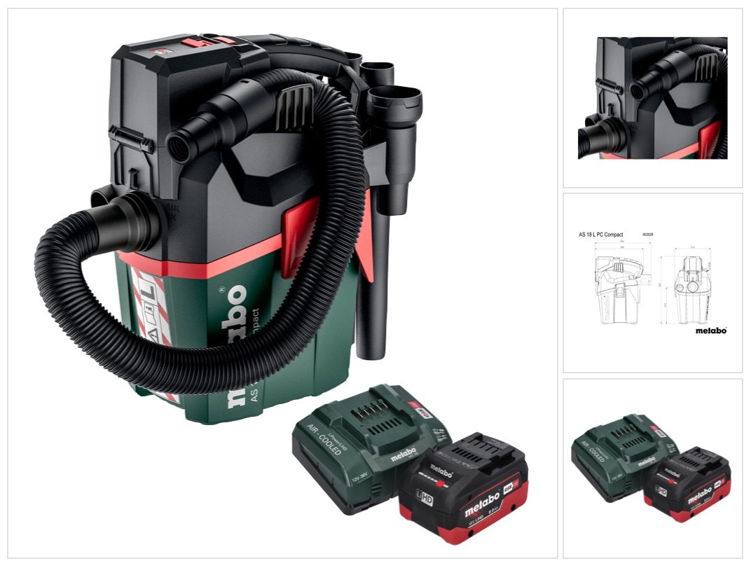 Metabo AS 18 L PC Kompaktný akumulátorový vysávač 18 V 6 l IPX4 prachová trieda L mokré a suché vysávanie + 1x akumulátor 8,0 Ah + nabíjačka