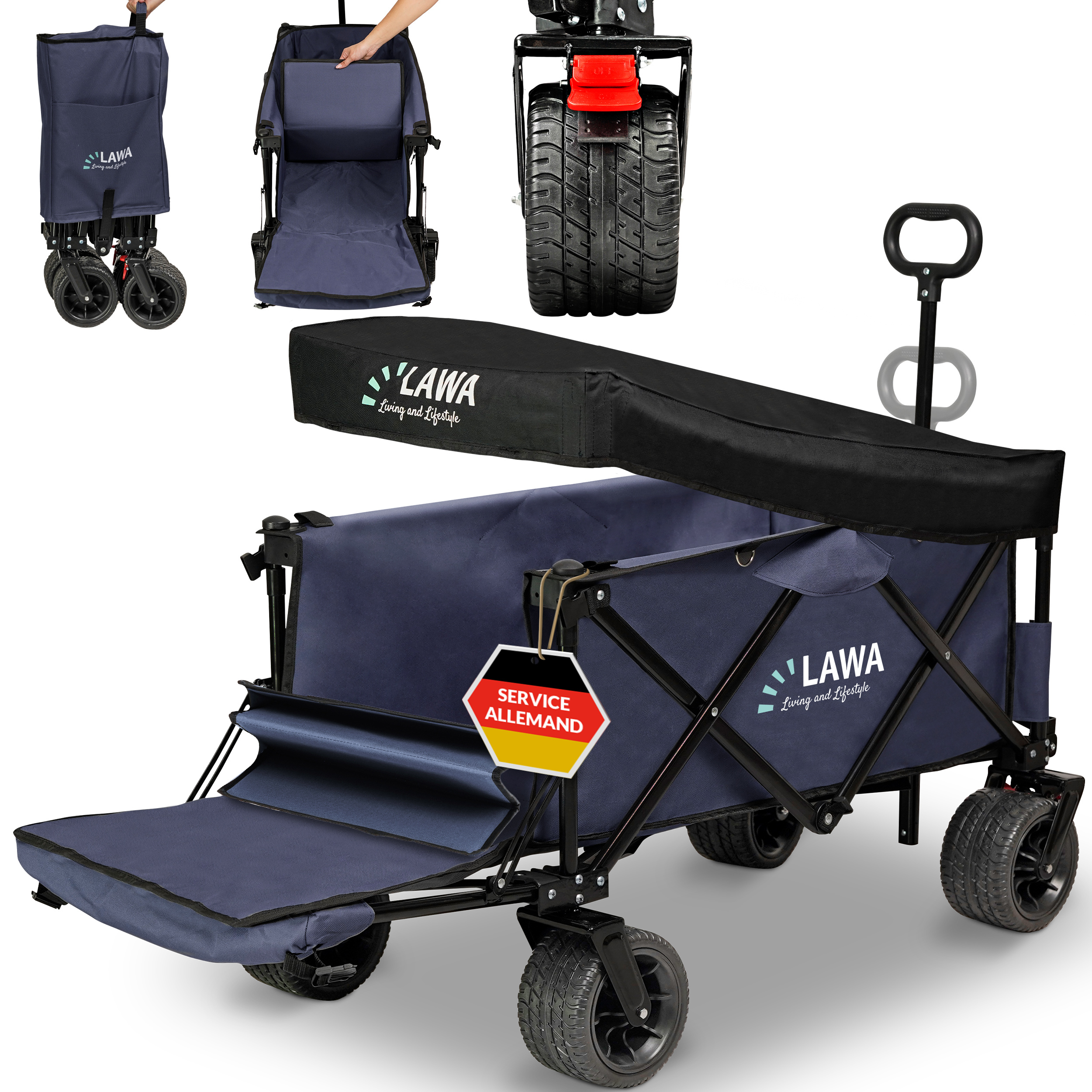 Chariot Pliant KESSER GTS-9100 150 Kg Avec Toit, Freins 4 Roues, Ceintures, Rangements – Idéal Balades, Courses, Jardin