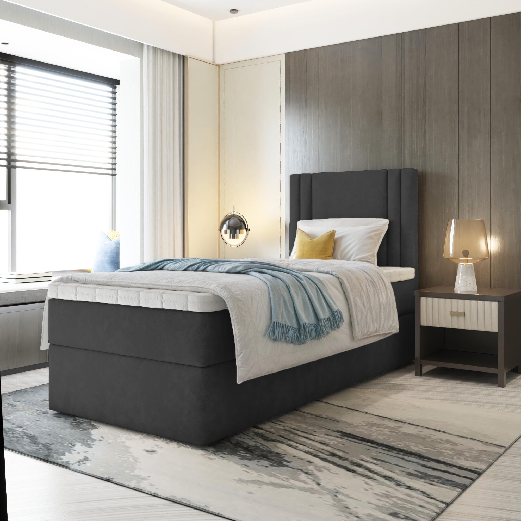 Premium-Moebel Einzebett Lira Mini Boxspringbett mit Bonell-Matratze Bett mit Bettkasten (90x200; Schwarz Itaka 15, topper T25) LI50