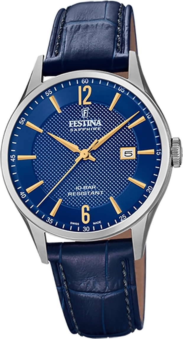 Pánske kožené hodinky Festina F20007/3 analógové náramkové hodinky modré Swiss Made D2UF20007/3