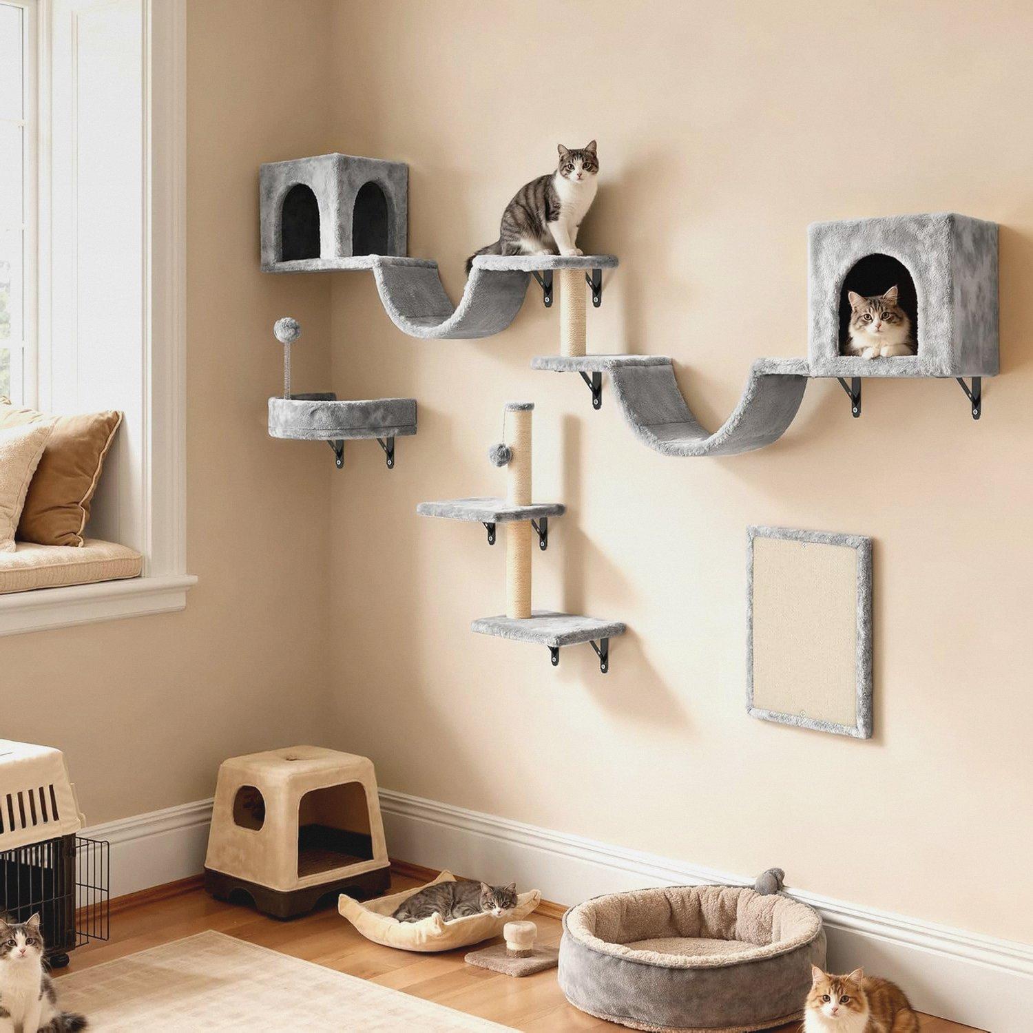 Markenlos 8-teiliges Katzewand-Set, Robustes Plüsch-Kratzmöbel mit Kratzsäule, Katzenhaus, Katzenbrücke, Katzenleiter und Hängeball in Hellgrau