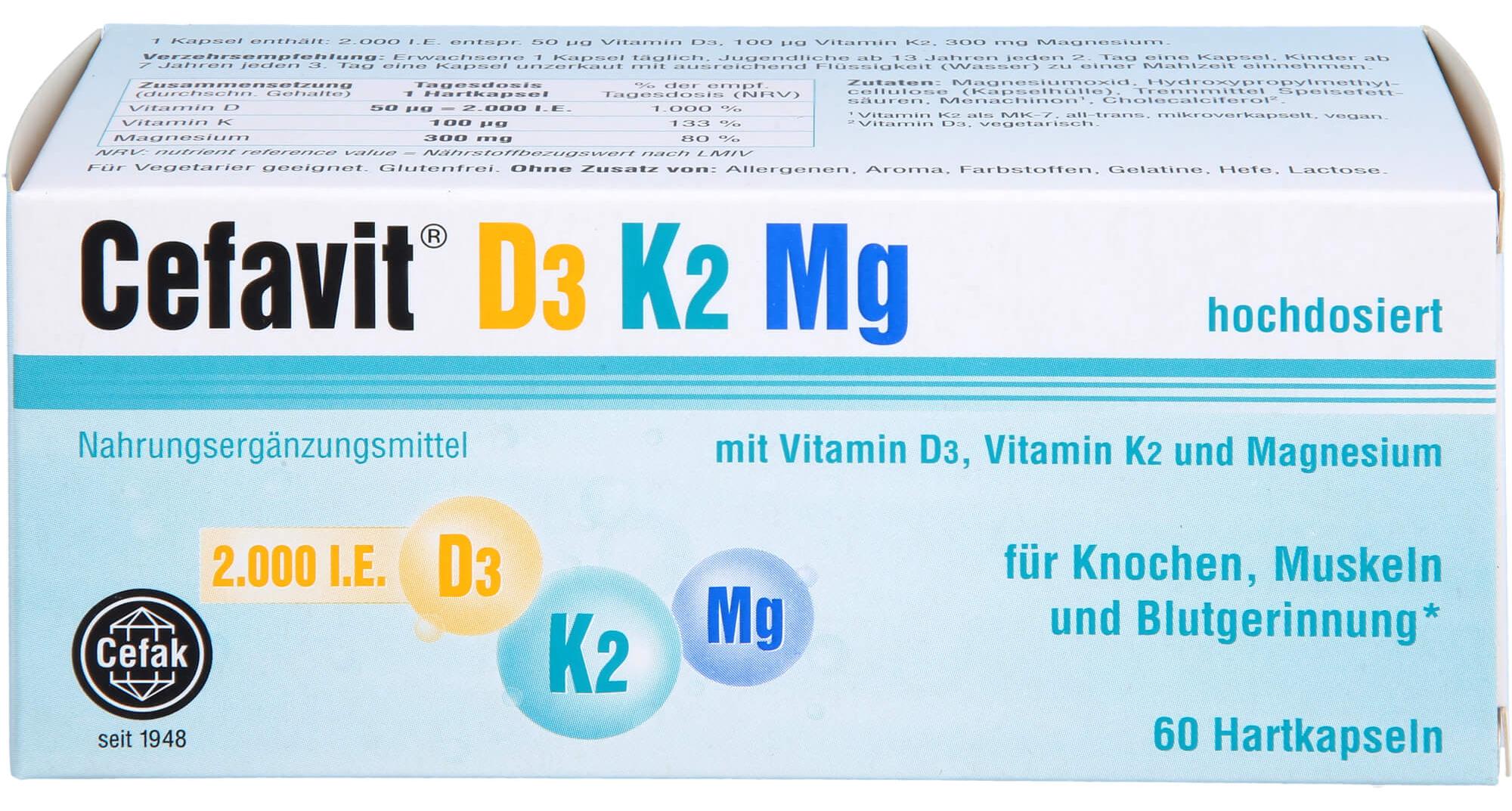 Cefak KG Cefavit D3 K2 Mg Hartkapseln für Knochen, Muskeln und Blutgerinnung, 60 St. Kapseln 13975246