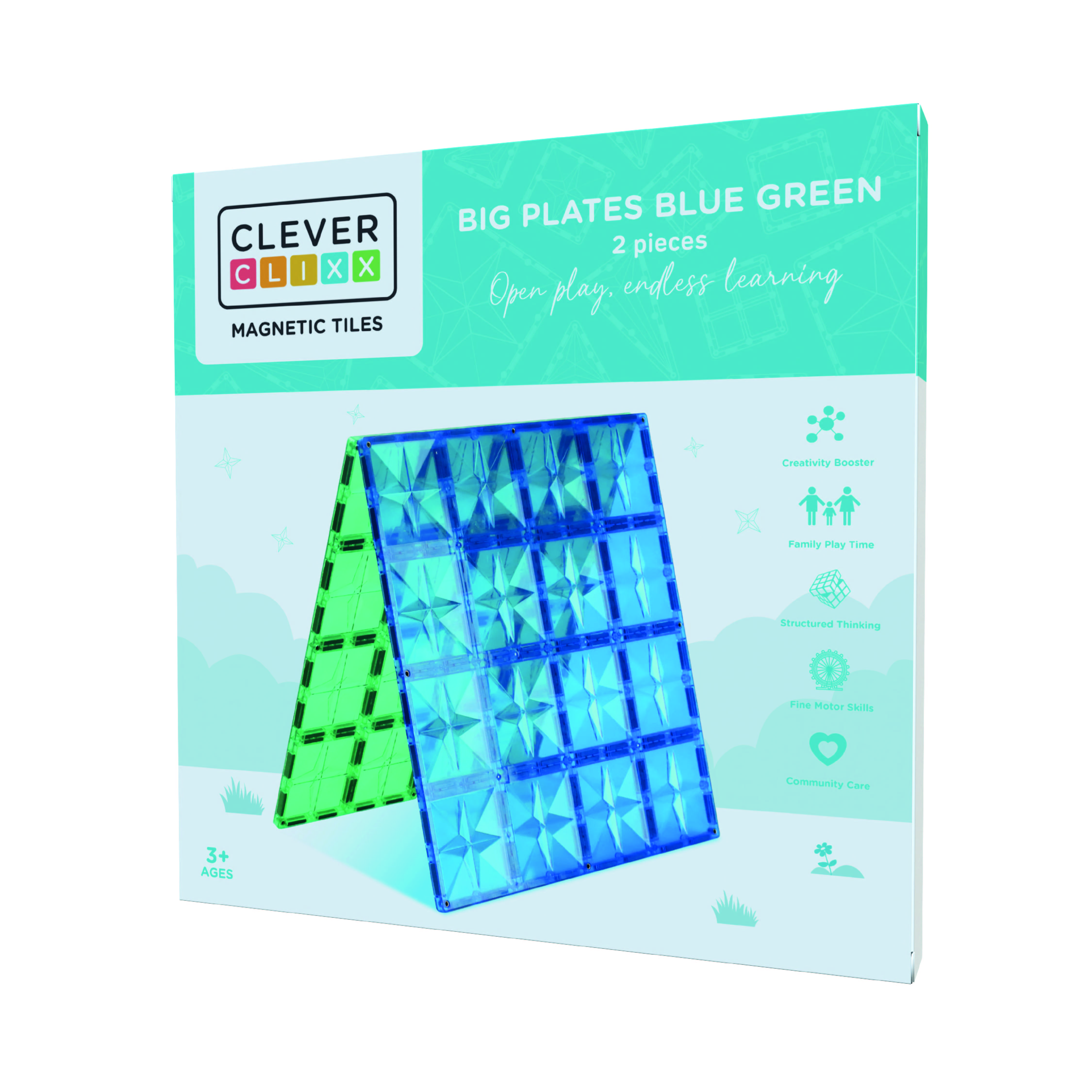 Cleverclixx Große Grundplatten Blau Grün 2er Set, Stabilisierung für Magnetbausteine, kompatibles Zubehör, große Bauweise, Lernspielzeug, ab +3 Jahren CC-1016