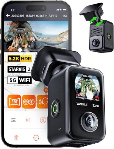 VANTRUE VANTREE E360 5.2K PANORAMA DASH CAM -CAM -FRONTEN INDOOR, Dual Starvis 2 HDR 360 ° CAM, 1,54 Zoll Touchscreen -WiFi -App, GPS, Parkmodus, max.1TB,