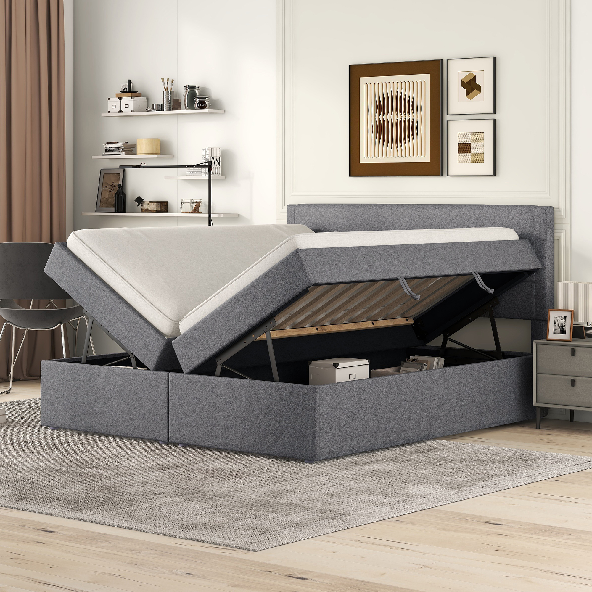 Merax Boxspring posteľ 140x200 cm so zásuvkami bez spodnej dosky, čalúnená posteľ s kovovým rámom s lamelovým roštom a veľkým úložným priestorom, funkčná manželská posteľ, sivá