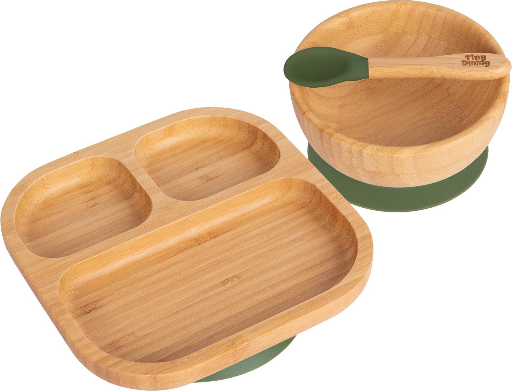 3pc Olivgrün Kinder Bambus Geteilt Teller, Schüssel & Löffel-Set mit Silikon-Saugnapf - Segmentiertes Design Baby & Kleinkind Entwöhnung Geschirr - Umweltfreundlich & Biologisch Abbaubar - Von Tiny Dining TD-SQ-SET-OLI