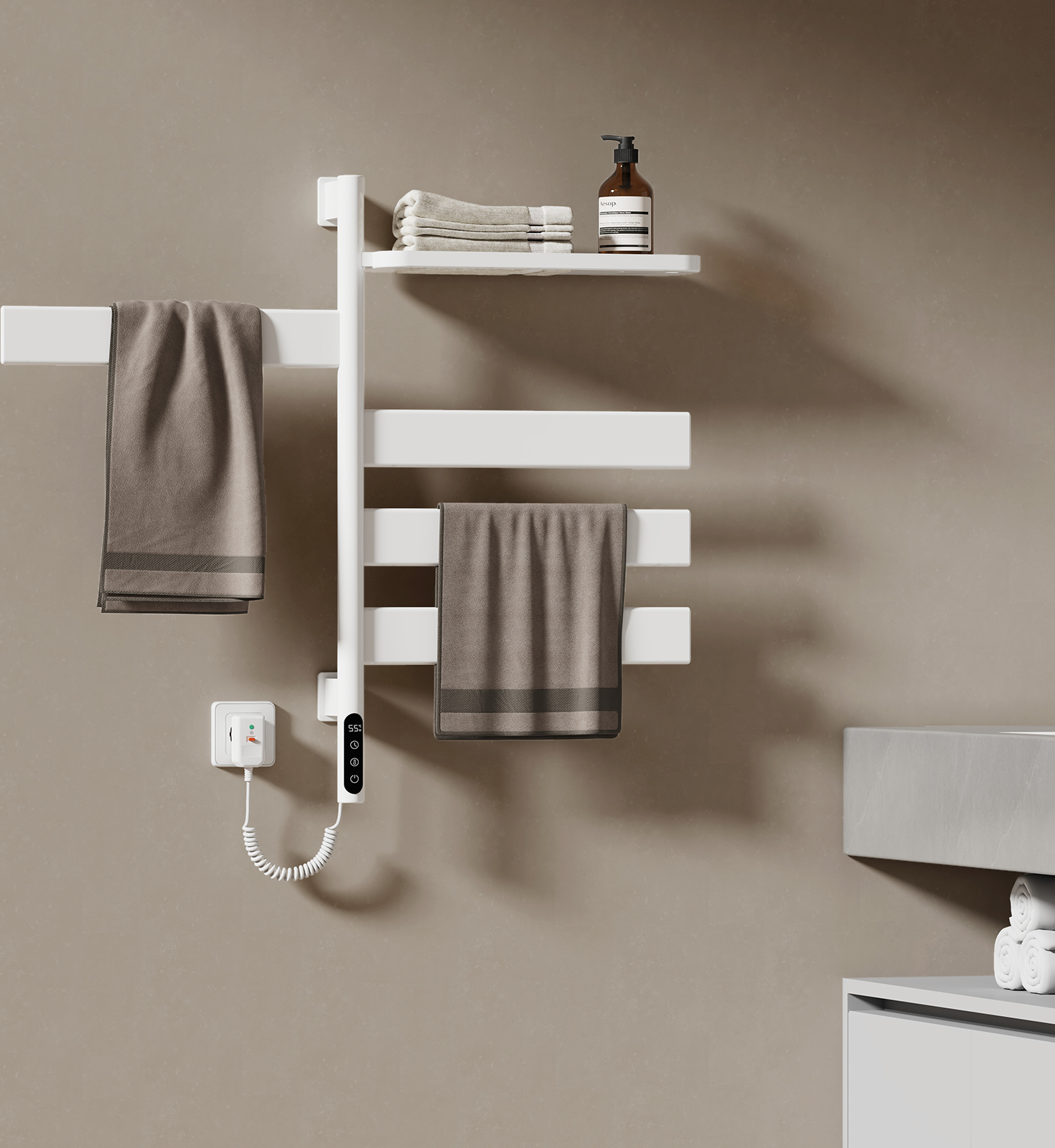 EMKE Sušič uterákov Elektrický inteligentný kúpeľňový radiátor Asymetrický radiátor 760 x 450 x 140 mm Biely 125W Ohrievač uterákov S poličkou bez vykurovacieho telesa