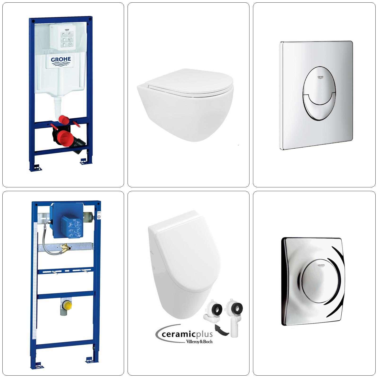 BB INFINITY Wand WC spülrandlos mit Villeroy & Boch Subway Urinal inklusive Grohe Zubehör, chrom IFYSubSet13C