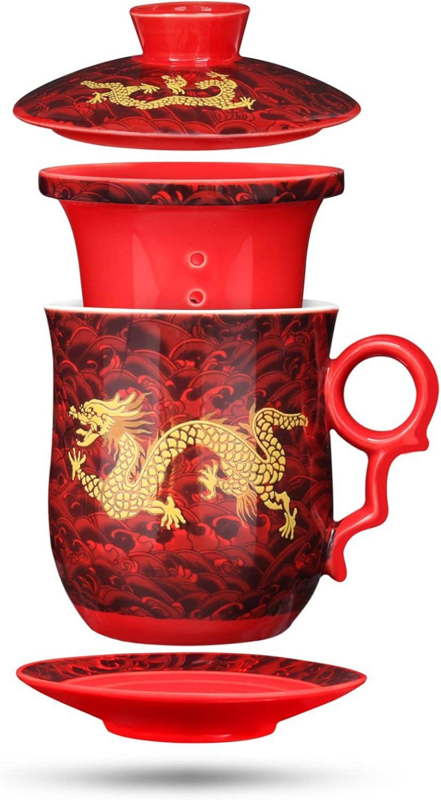 Sonstige Chinesische Teetasse mit Drachenmuster - Porzellan Teeset 400ml - Rot