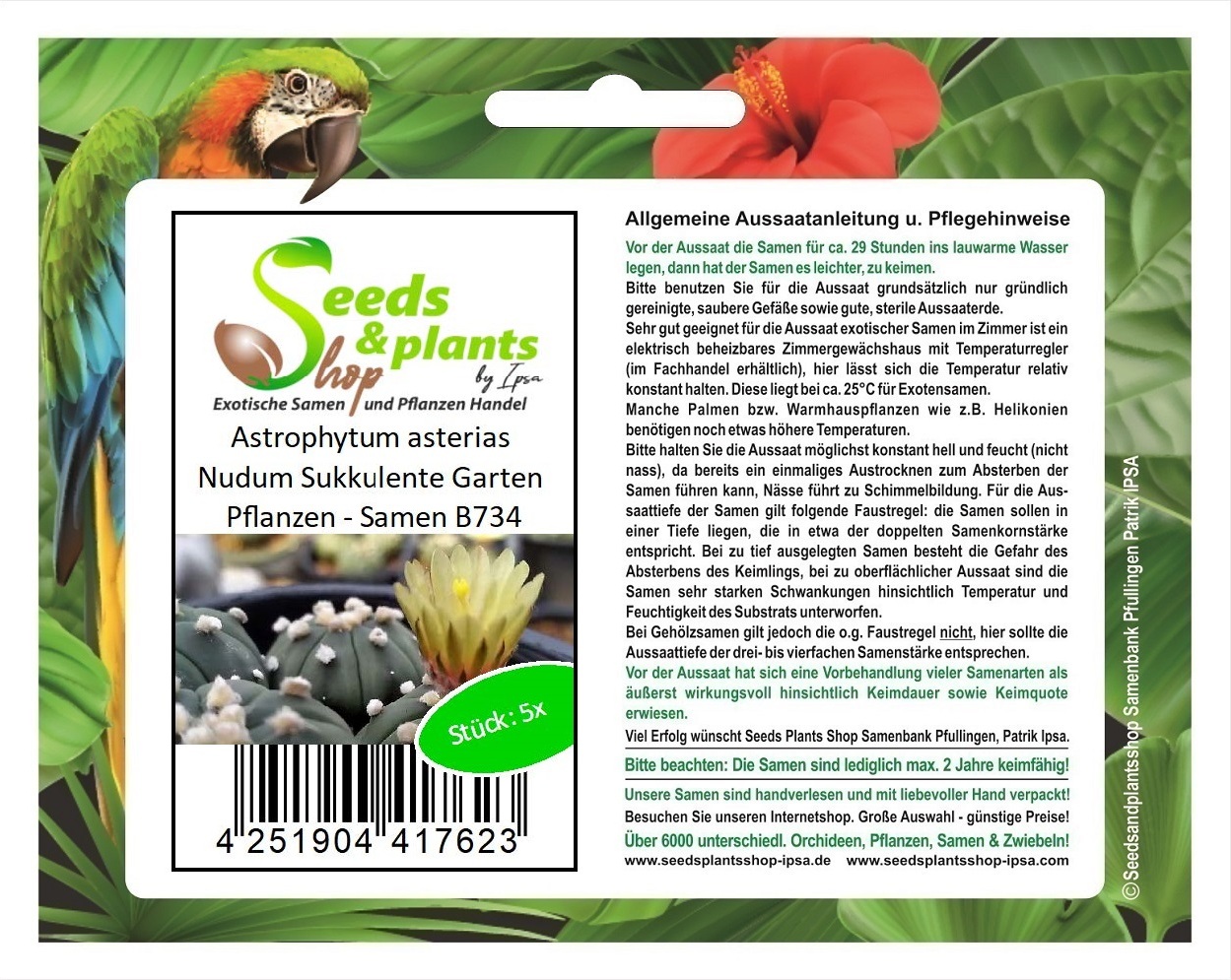 Seeds & Plants Shop by Ipsa 5x Astrophytum asterias Nudum Sukkulente Garten Pflanzen - Samen B734