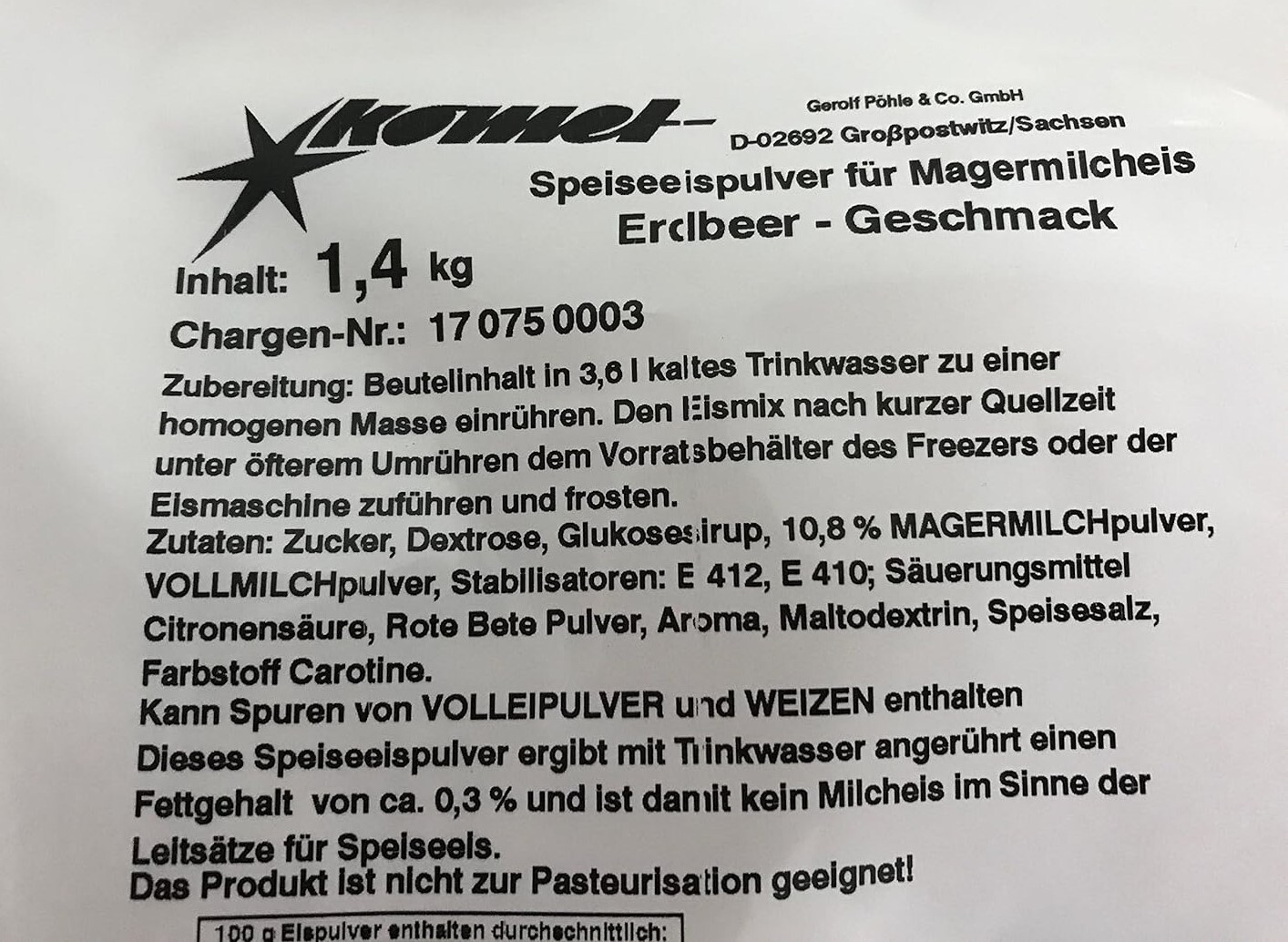 Komet Erdbeer 1,4 Kg Eispulver Softeispulver Speiseeispulver Eismaschine