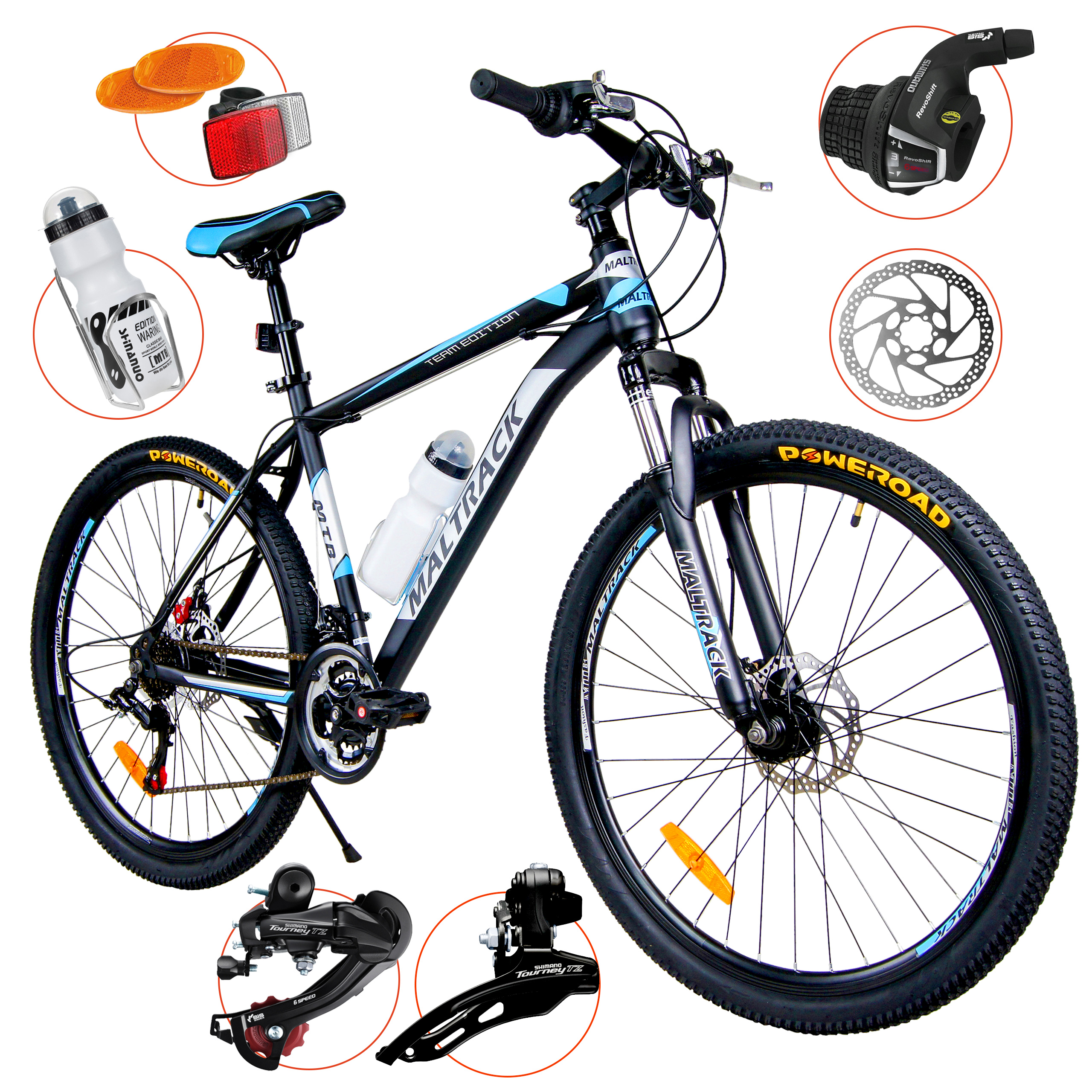 Maltrack MTB 26-palcový horský bicykel, 18-rýchlostný SHIMANO, 18,5" rám, Team BLUE LIGHT GREY bike, kotúčové brzdy, pevné tlmiče, bidon