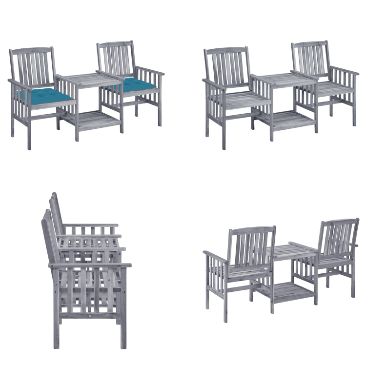 vidaXL Záhradné stoličky s čajovým stolíkom a vankúšmi z masívneho dreva akácie - Záhradná stolička s čajovým stolíkom - Záhradné stoličky s čajovými stolíkmi - Bistro set - Drevený bistro set