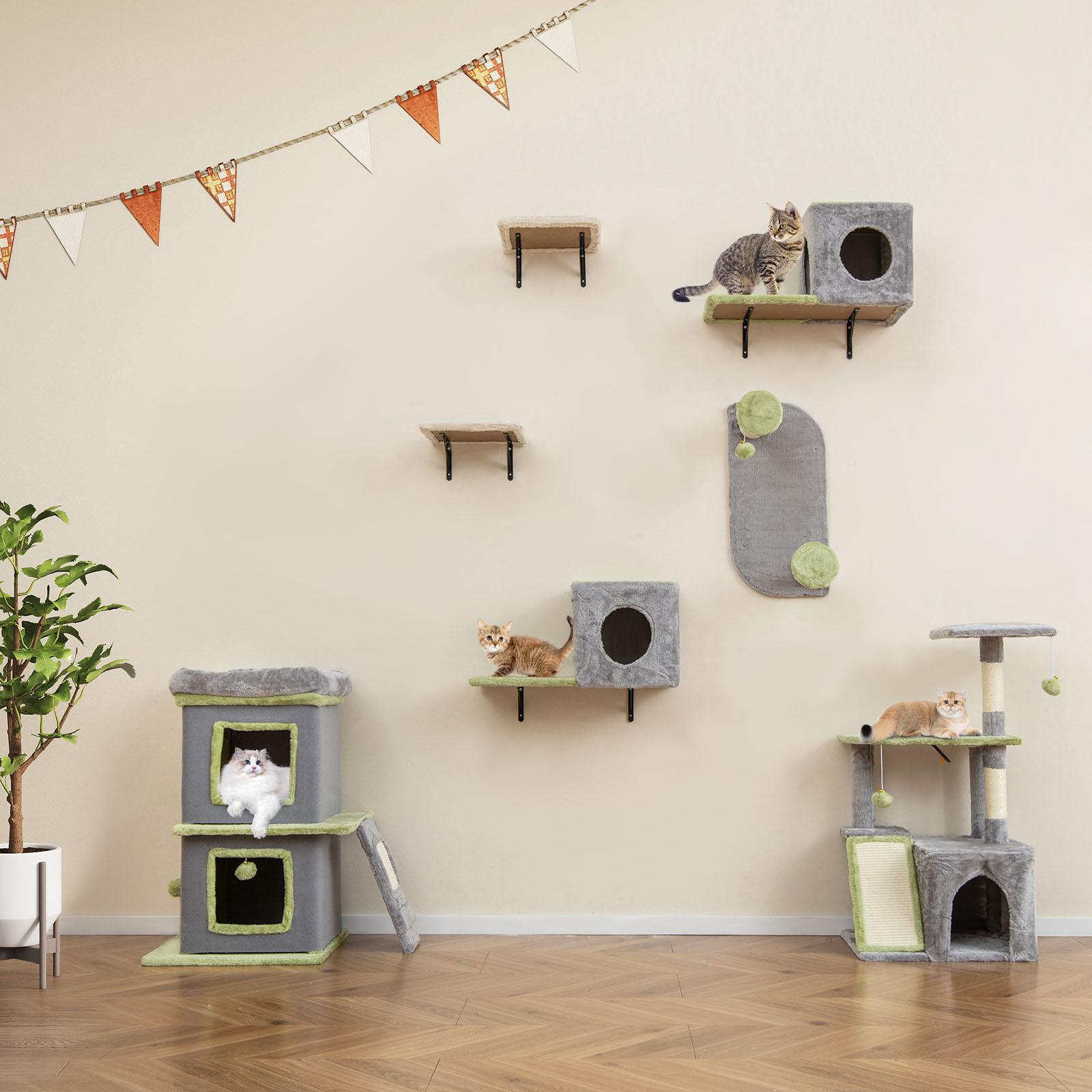 COSTWAY 7 PCS Kletterwand Katzen, Kratzbaum mit Leiter, Höhle, Ball,Liege, Kratzbrett, 2 Katzenhöhle&2 Plattformen, Katzenbaum Wand, Katzentreppe Grau