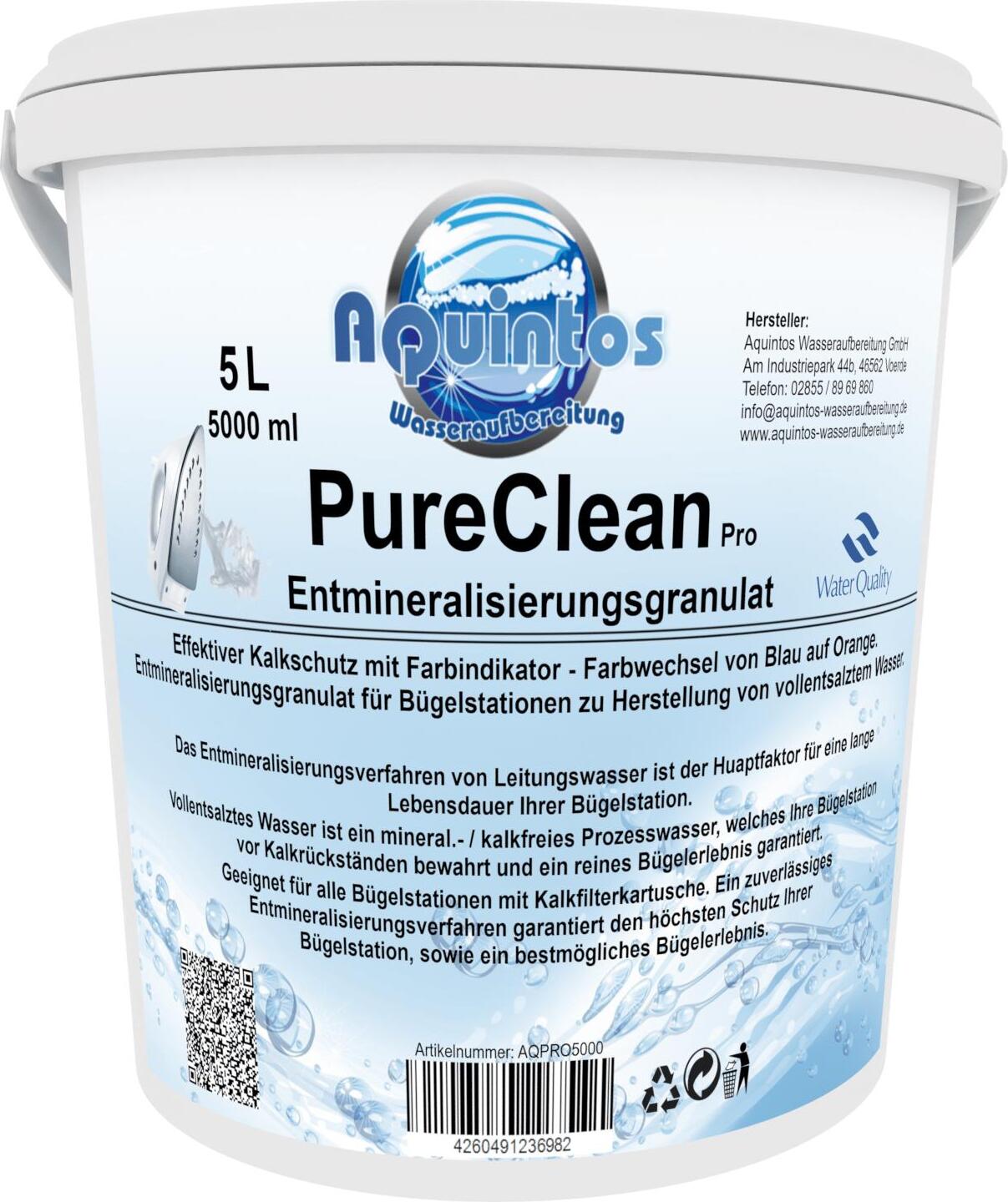 Aquintos-Wasseraufbereitung GmbH PureClean PRO Nachfüllung für Kalkschutzfilter passend für Laurastar Dampfbügelstationen Bügelstation Bügeleisen Kalkschutz Granulat Reinstwasser zur Dampferzeugung mit Farbindikator von Blau auf Orange 5Liter Granulat AQPRO5000