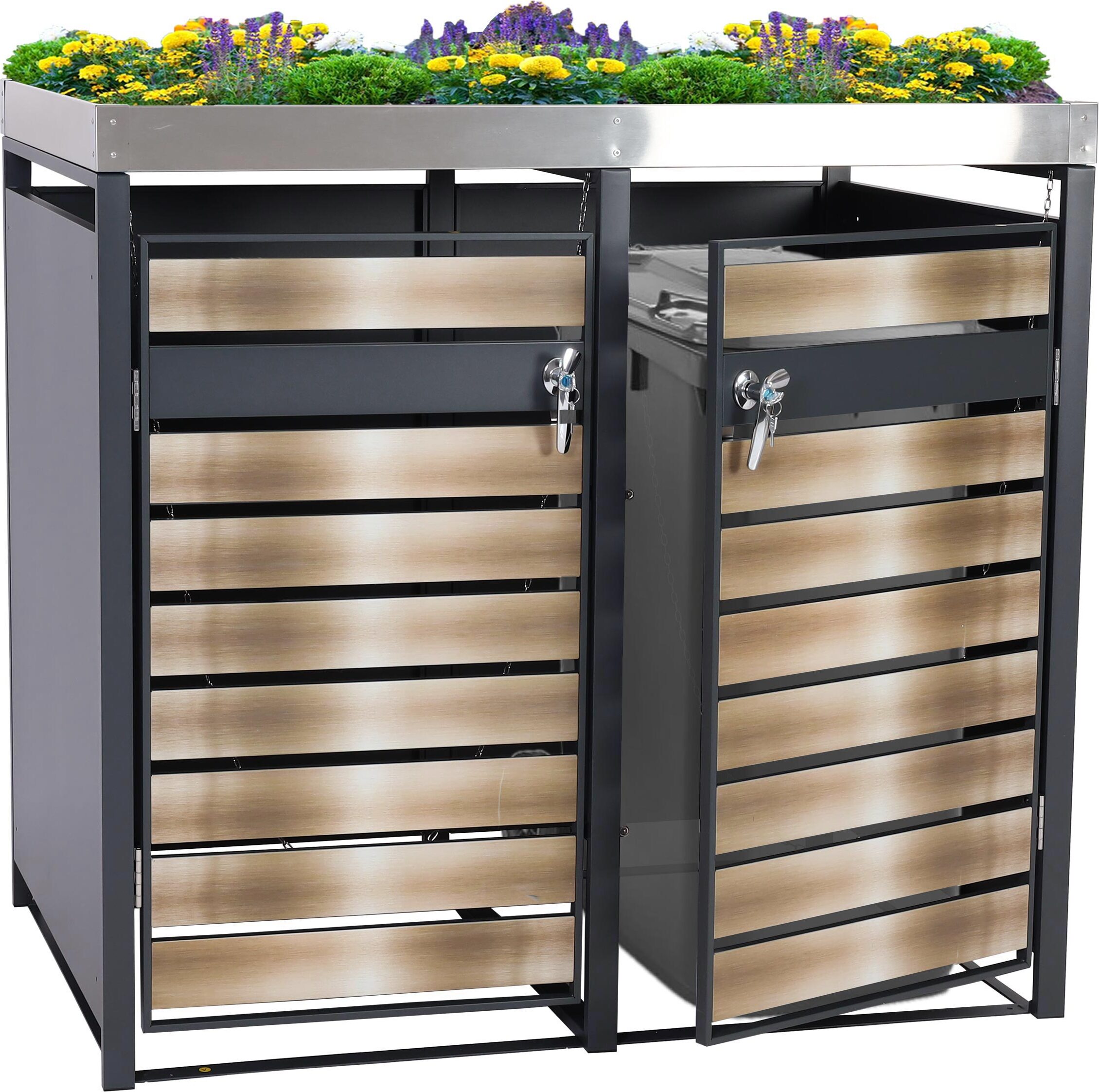 2er Mülltonnenverkleidung mit Pflanzkasten HWC-J81, erweiterbar, 125x132x80cm Metall 47kg, anthrazit gold
