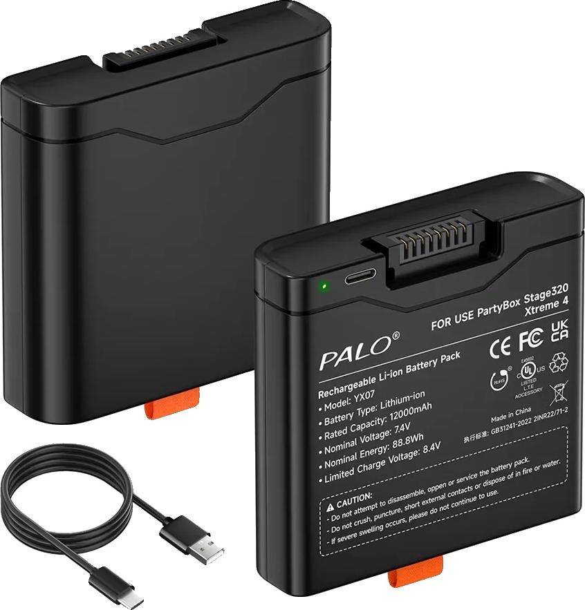 Vysokokapacitná batéria, 12000 mAh, 74 V, energia 888 Wh, rozmery 93 mm x 89 mm x 255 mm, kompatibilná s prenosnými bezdrôtovými reproduktormi a párty reproduktormi