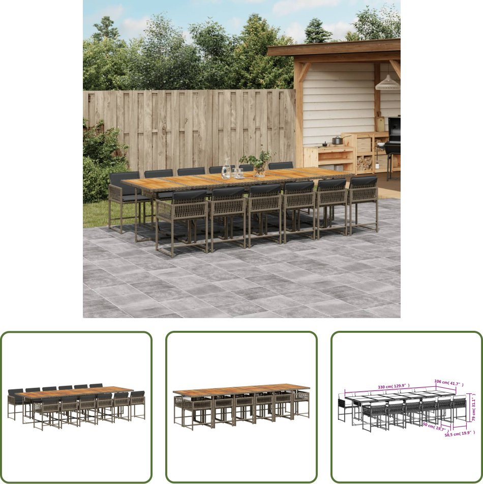 The Living Store 13-dielny záhradný jedálenský set s vankúšmi sivý polyratan