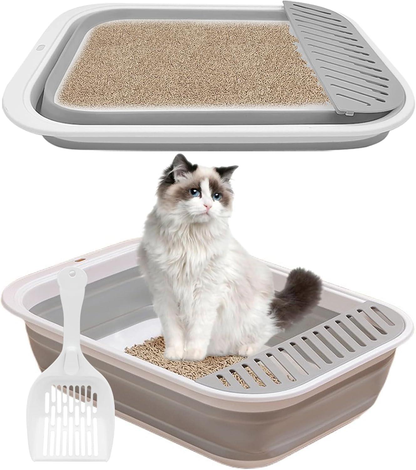Markenlos Große, flache Katzentoilette, niedrige Katzentoilette mit Schaufel, niedrige Katzentoilette für ältere Katzen, Reise-Katzentoilette, zusammenklappbare Katzentoilette mit Schaufel