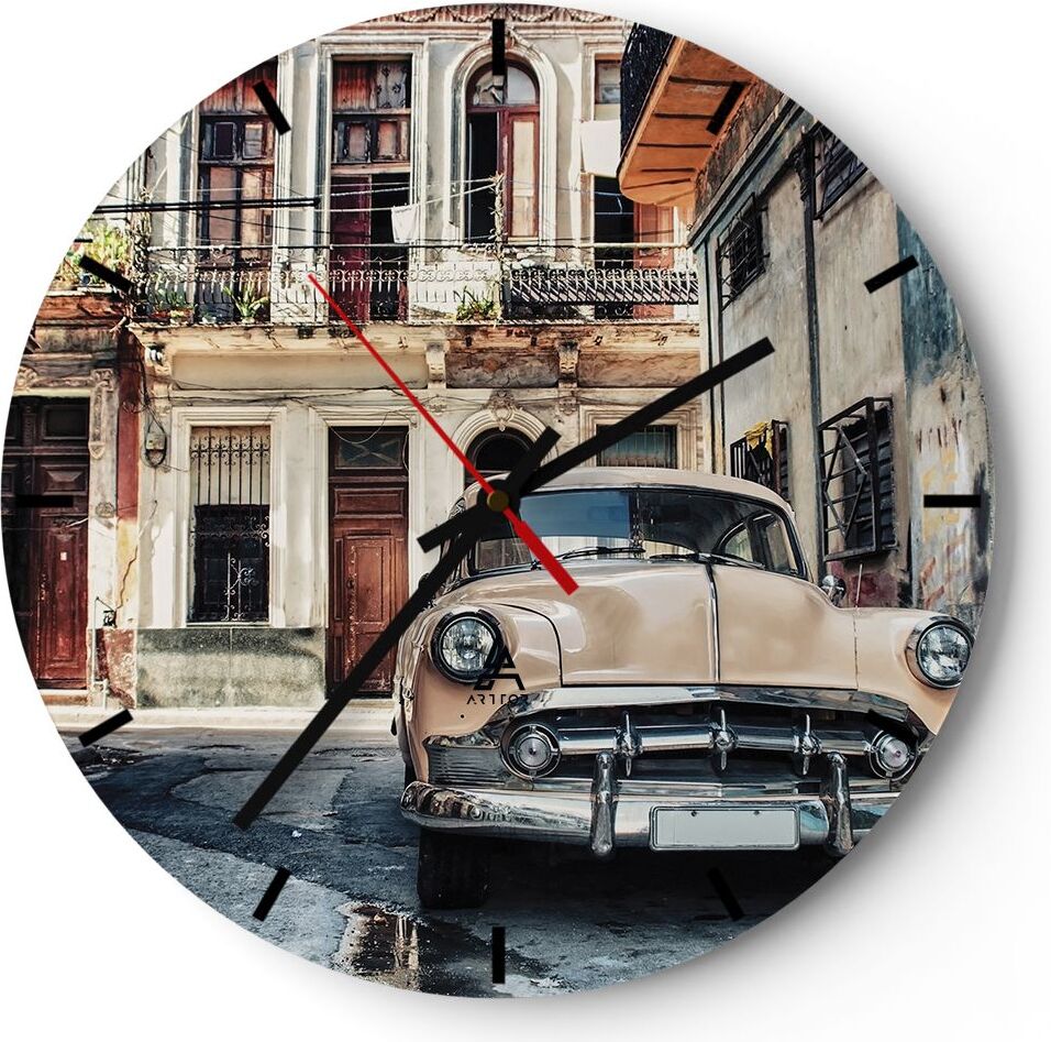 Arttor Wanduhr - Rund - Glasuhr - Kubanisch Auto Mietshäuser - 40x40cm - Schleichendes Uhrwerk - Lautlos - zum Aufhängen bereit - Dekoration Modern - Wanddekoration aus Glas - C3AR40x40-4413