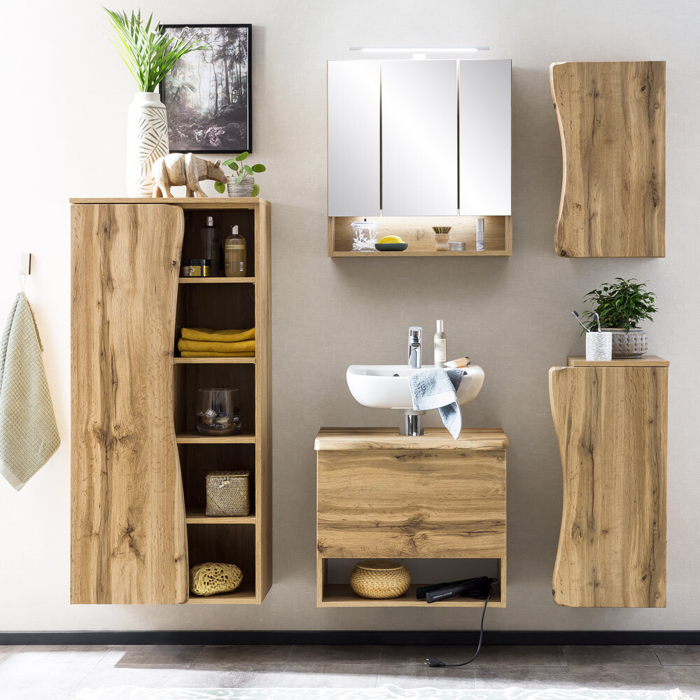 Lomadox Badmöbel Set KAHLA-03 mit LED Spiegelschrank in Wotan Eiche Nb. mit Baumkantenoptik, B/H/T: ca. 198,5/200/40 cm KAHLA-03-SET16