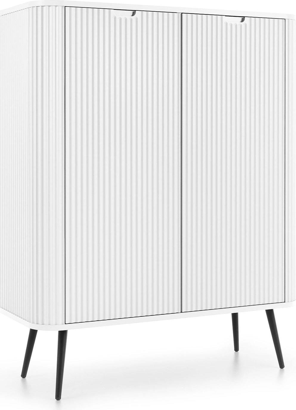 Ravio Hohe Kommode Porto 103 cm Weiß Zweitürig mit Gerillten Fronten auf Schwarzen Metallfüßen
