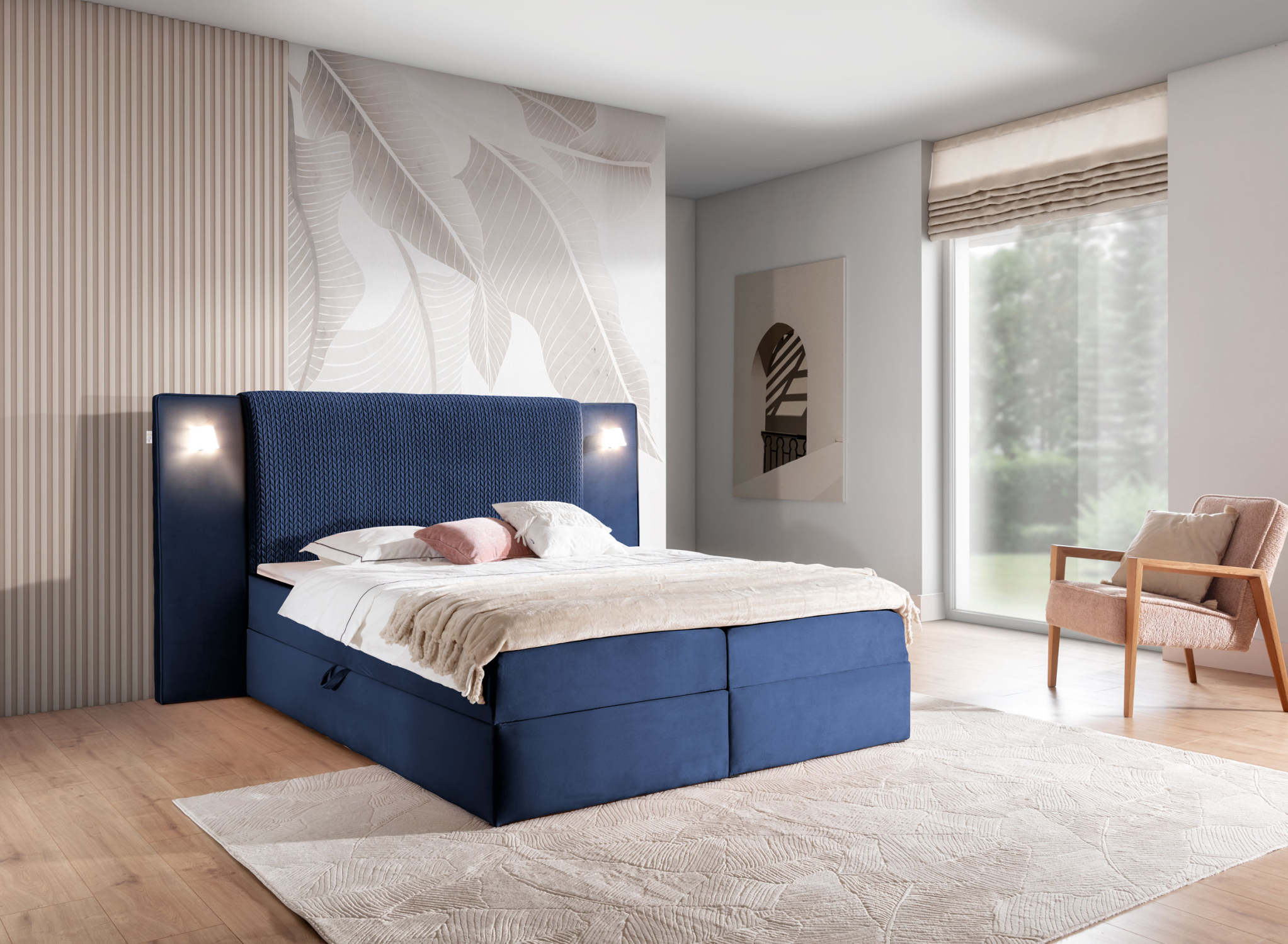 Manželská posteľ 160x200 SIANA s LED osvetlením - modrá + topper ZDARMA