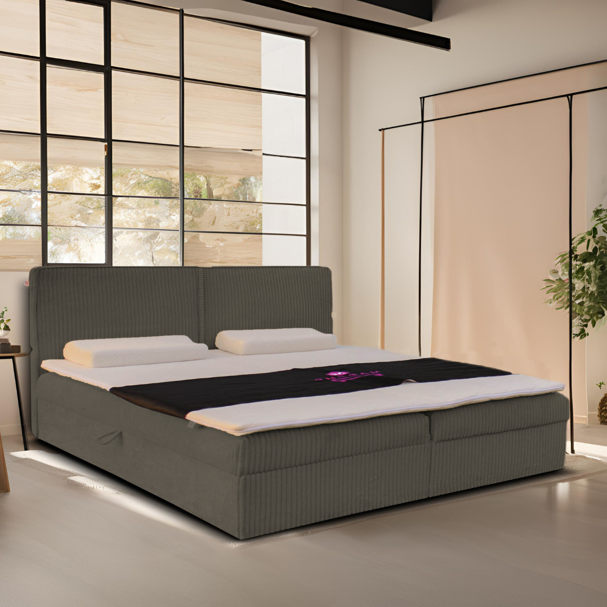 Prírodná čalúnená posteľ s čelom, 160x200 cm, kontinentálna manželská posteľ, látka na kábli: grafitová