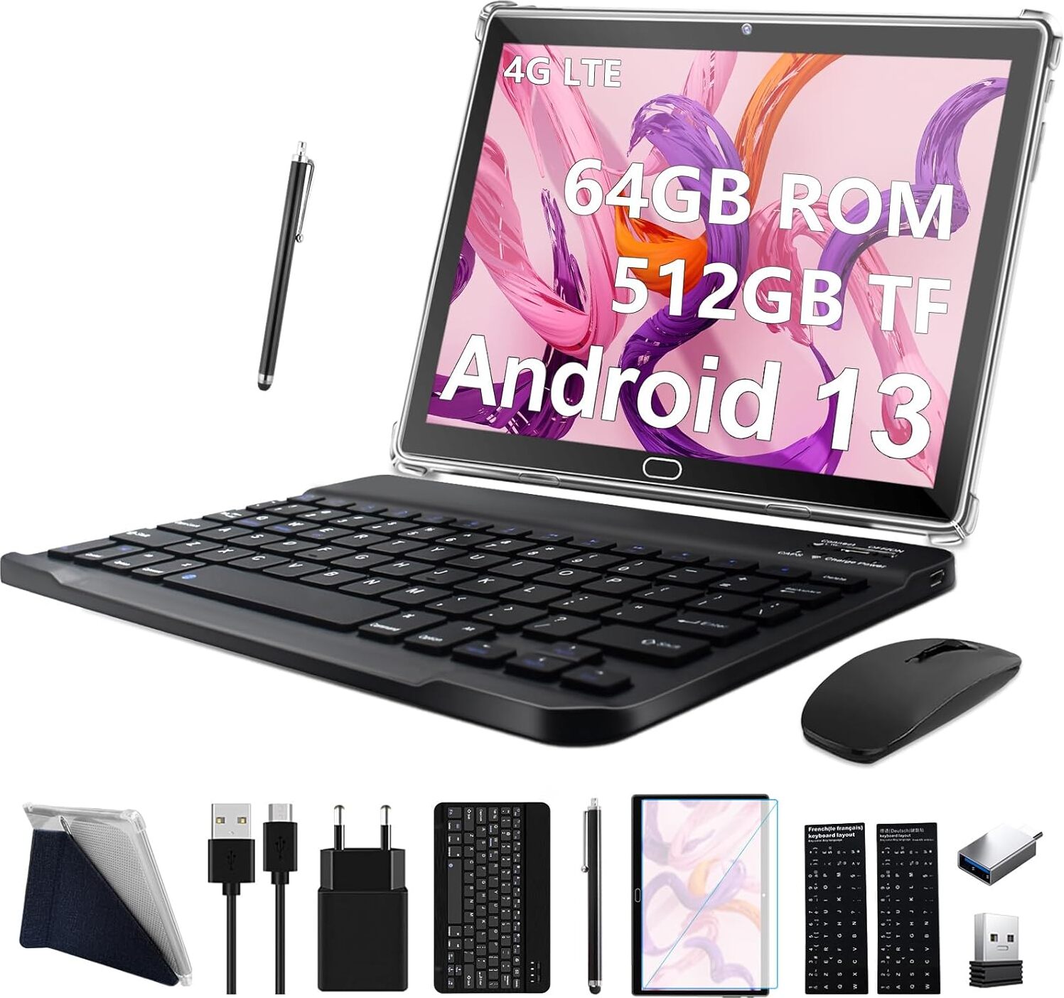 Tablet 10 Zoll, 3-v-1-Tastatur-Maus-Stift, Android 13 4G LTE 2 SIM 1 SD, 64 GB ROM 512 GB TF Octa-Core 1080P FHD 13 MP 6000 mAh Bluetooth WLAN GPS