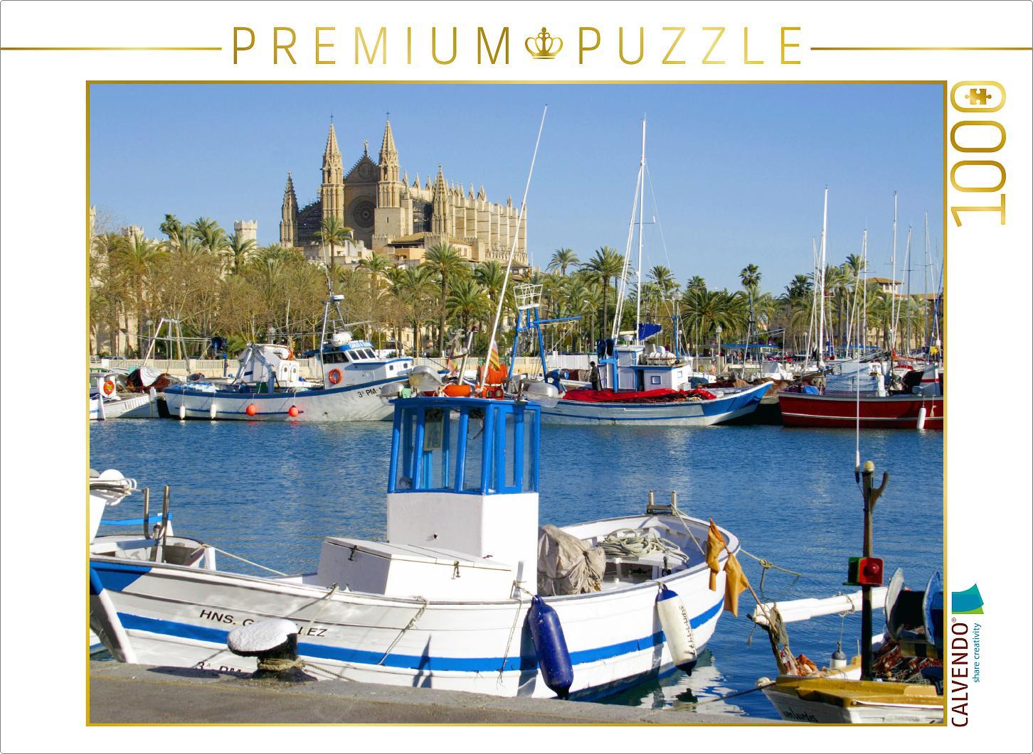 CALVENDO Puzzle Fischerhafen Palma mit Kathedrale 1000 Teile Puzzle quer | 1000 Teile Lege-Größe 64x48cm Foto-Puzzle für glückliche Stunden