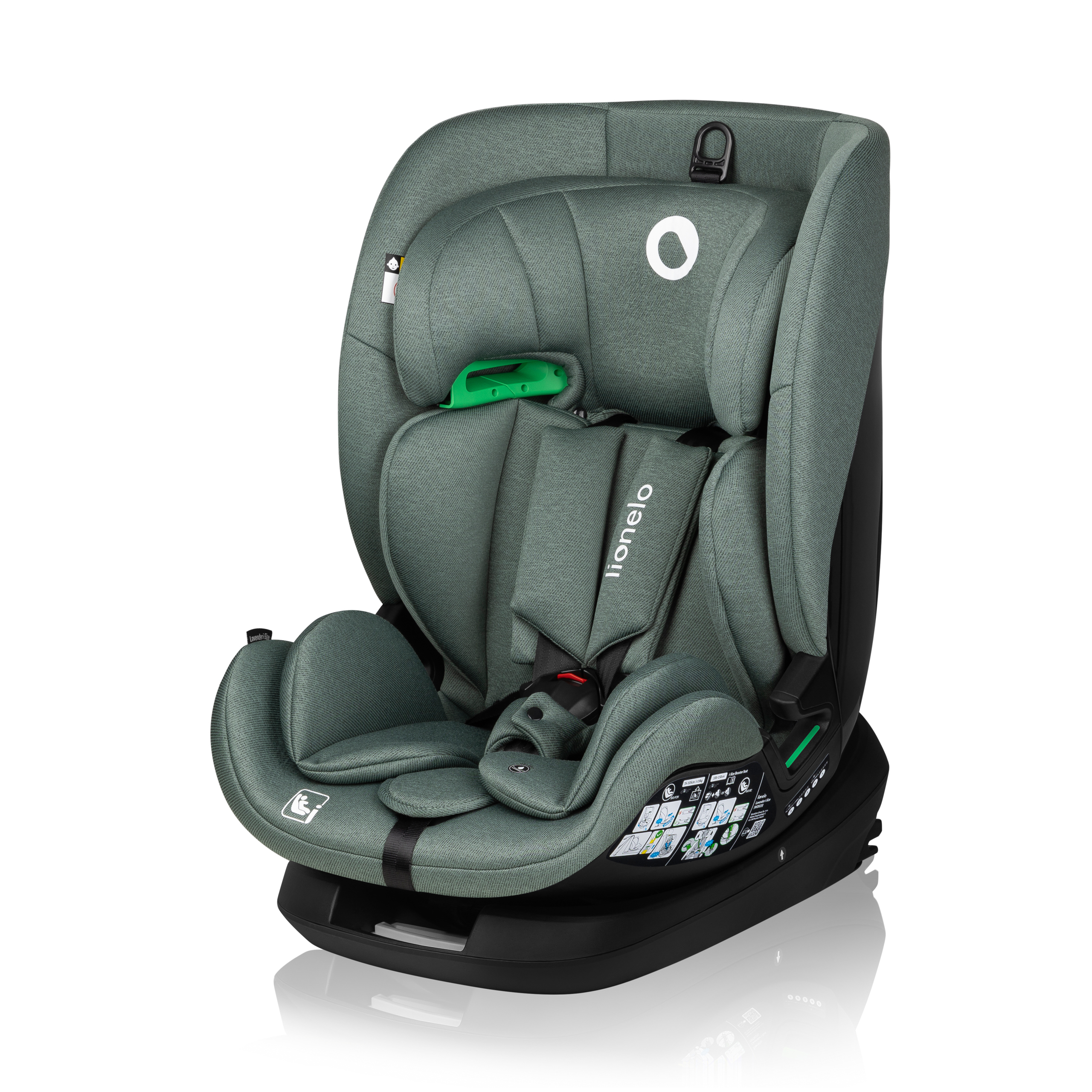Lionelo Lavender i-Size detská autosedačka od 1 roka do 12 rokov, od 9 kg do 36 kg ISOFIX široká nastavovacia tyč - pistáciovo zelená
