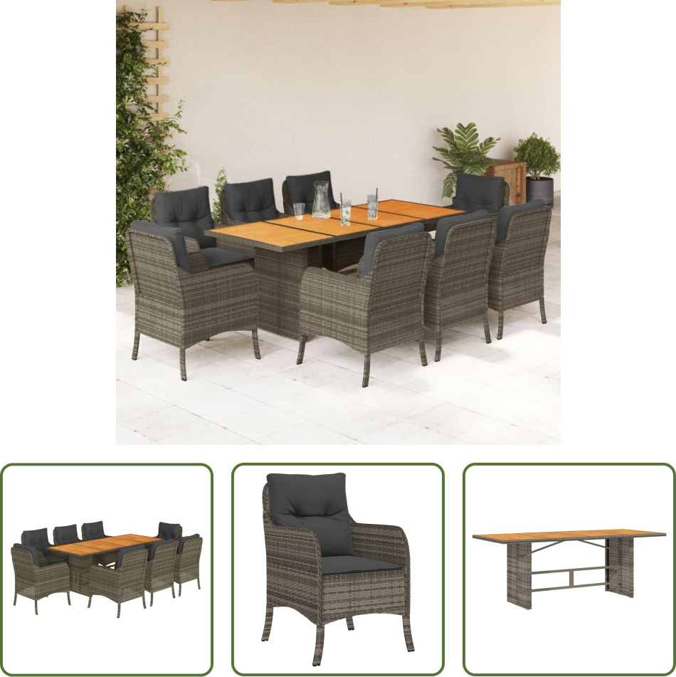 The Living Store 9-dielny záhradný jedálenský set s vankúšmi sivý polyratan