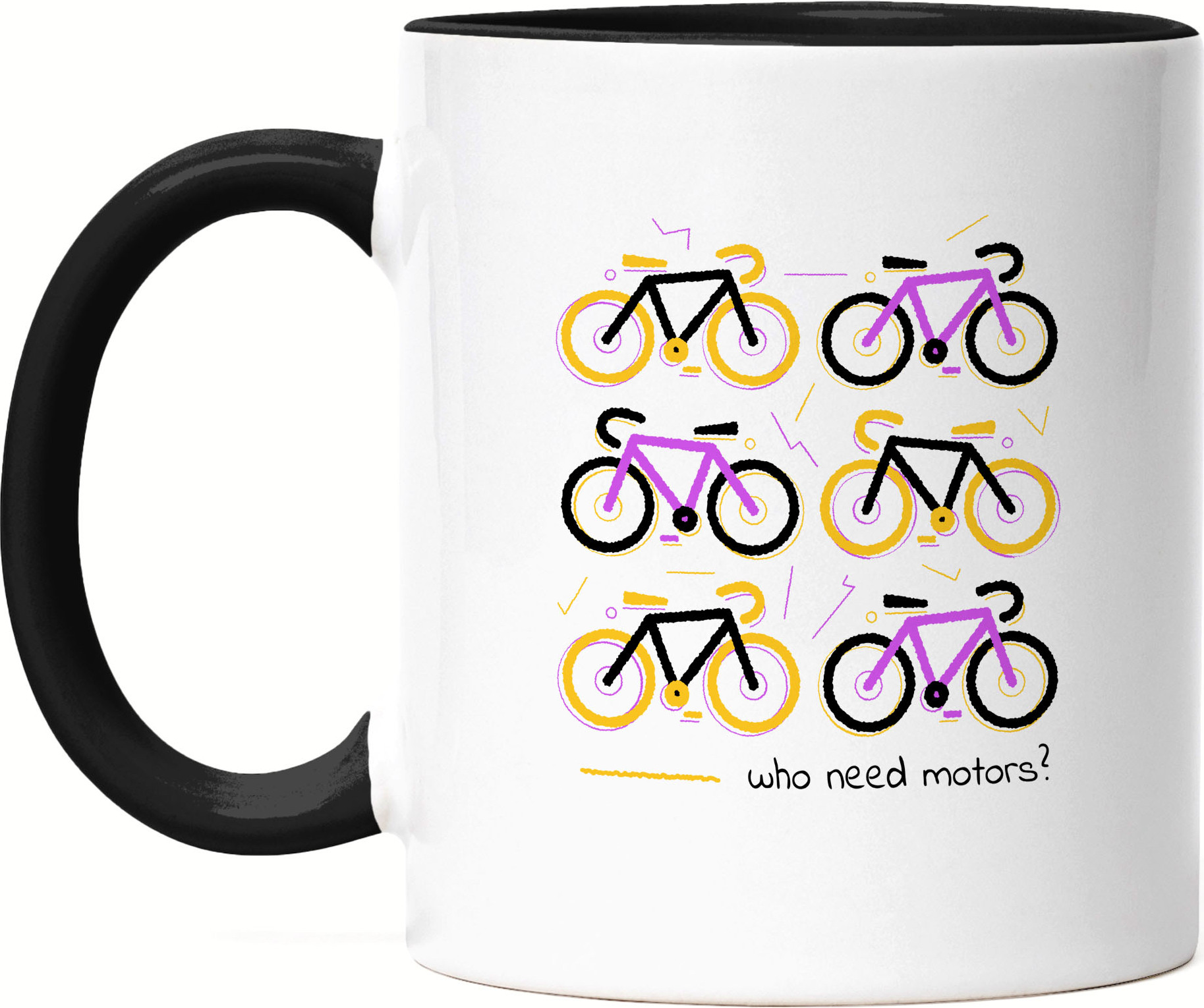 Hey!Print Who Needs Motors Tasse Schwarz Fahrrad Motiv für Sportbegeisterte und Hobby Radfahrer Fahrradfahrer Fahrradfahrerin HP-1208-T-Schwarz