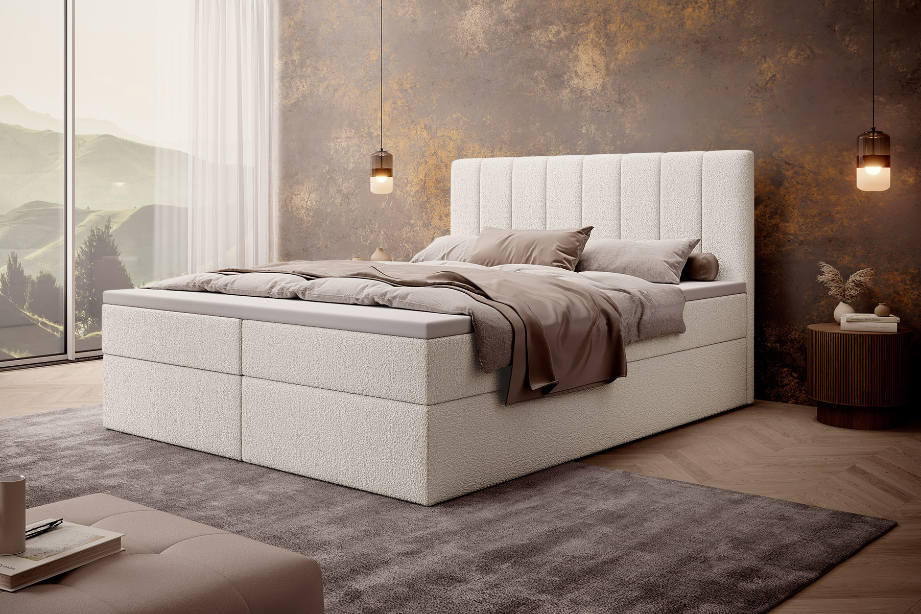MyBed Allen box spring bed Čalúnená posteľ s čelom Posteľný box 120x200 Bonnell matrac H4 Topper Cream Abriamo 04