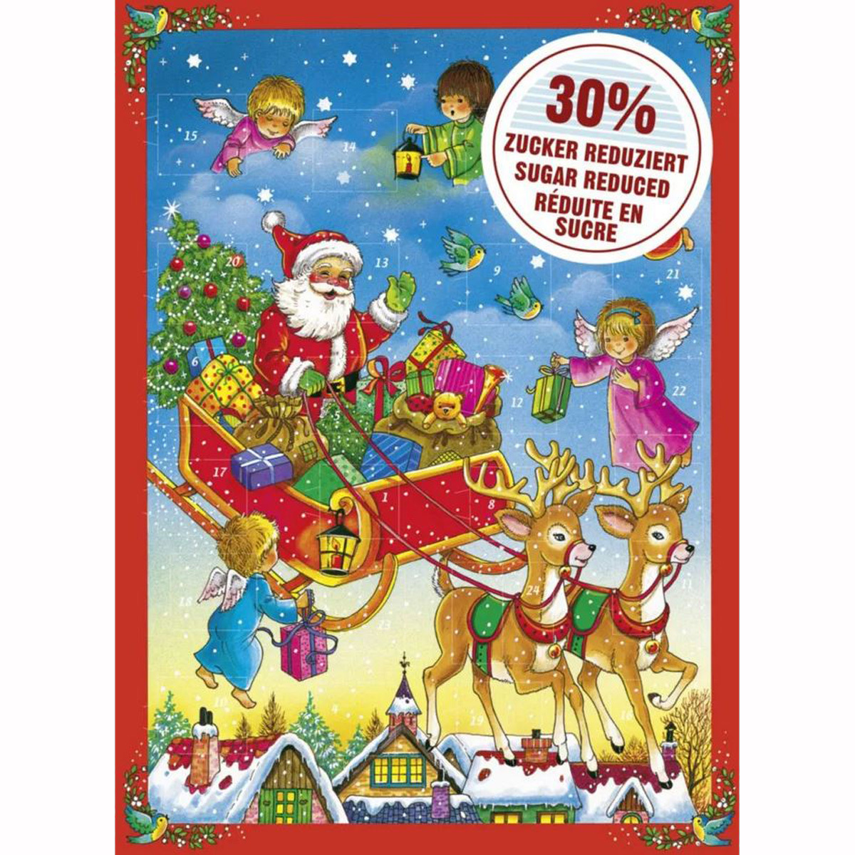 Plienkový adventný kalendár so zníženým obsahom cukru s 24 čokoládovými pralinkami 75g