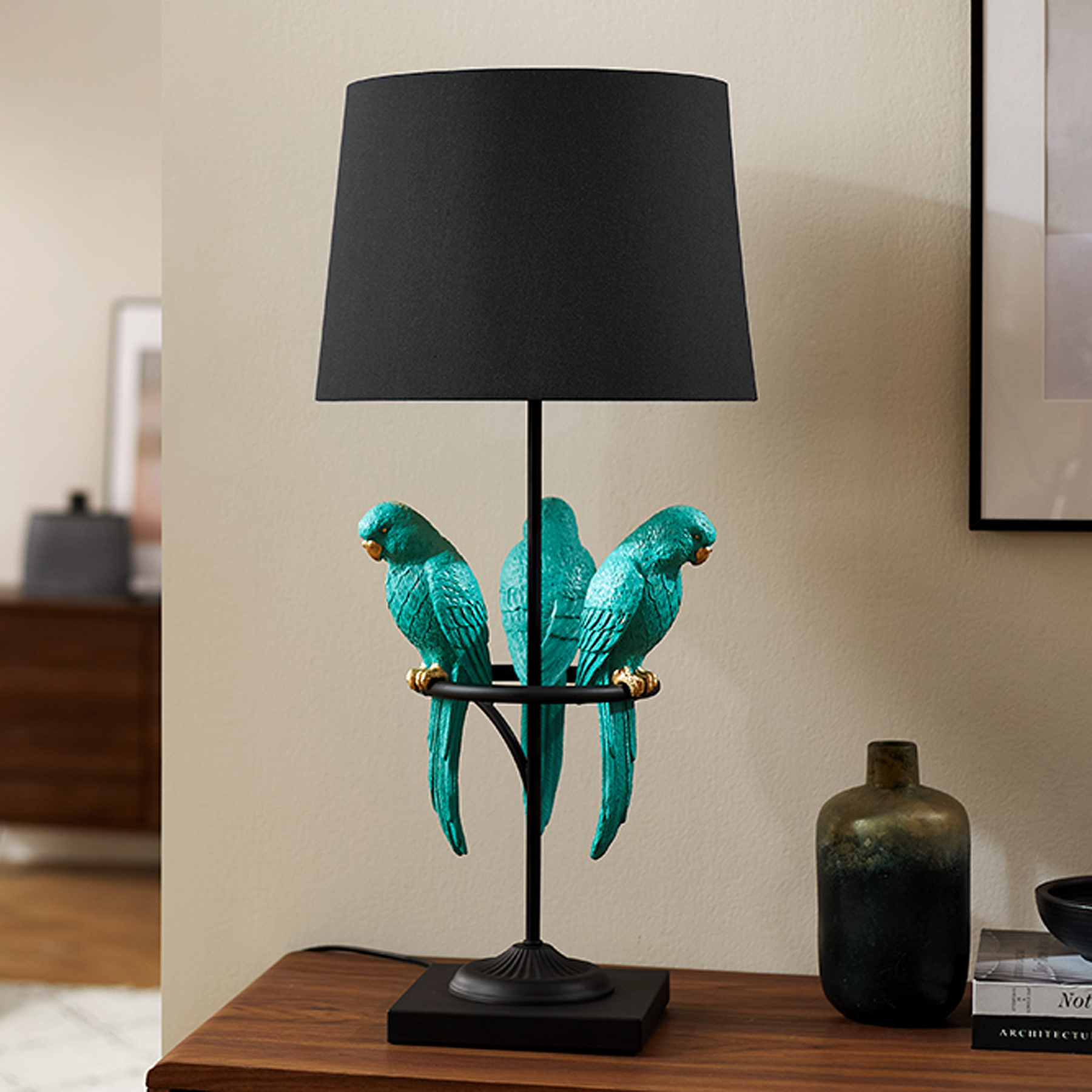 Invicta Interior riess-ambiente Design Tischlampe WILDLIFE 75cm schwarz türkis rund Papagei Skulpturen mit Marmor-Fuß Tischleuchte Lampe 44356