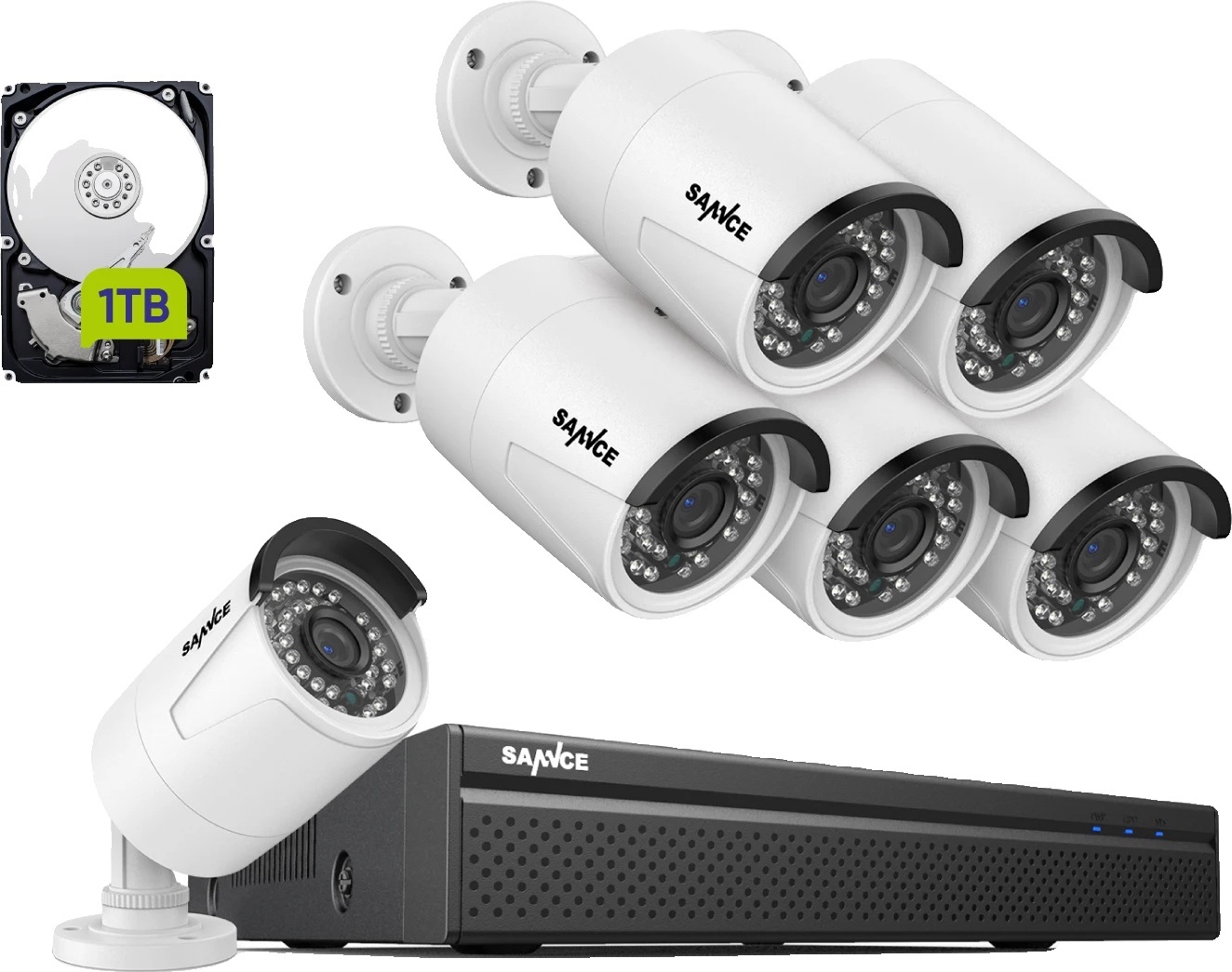 SANNCE 5MP monitorovacia súprava, inteligentné IR nočné videnie, kompresia videa H265+, 6 ks 1TB