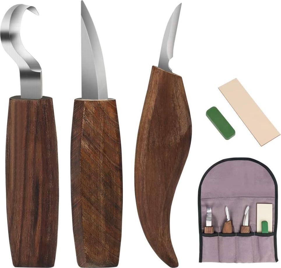 Götäzer Holz Schnitzwerkzeug,6-in-1 Walnuss Schnitzmesser Beinhaltet Schnitzhakenmesser,Schnitzmesser,Spanschnitzmesser,Schnittfeste Handschuhe,Schnitzmesserschärfer für Löffelschalenbecher Kuksa KAU-GR-LR-PH-20250912-15