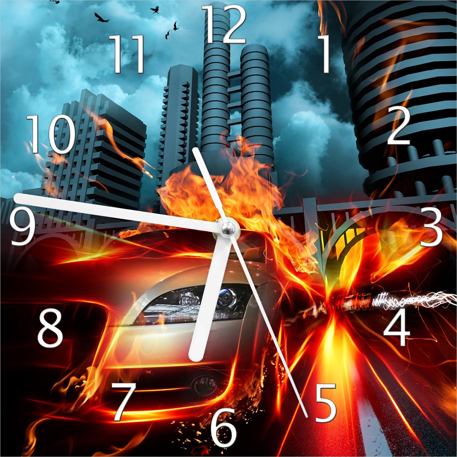 Wallario Design Wanduhr Brennendes fahrendes Auto aus Echtglas, Größe 20 x 20 cm guk0100-2020
