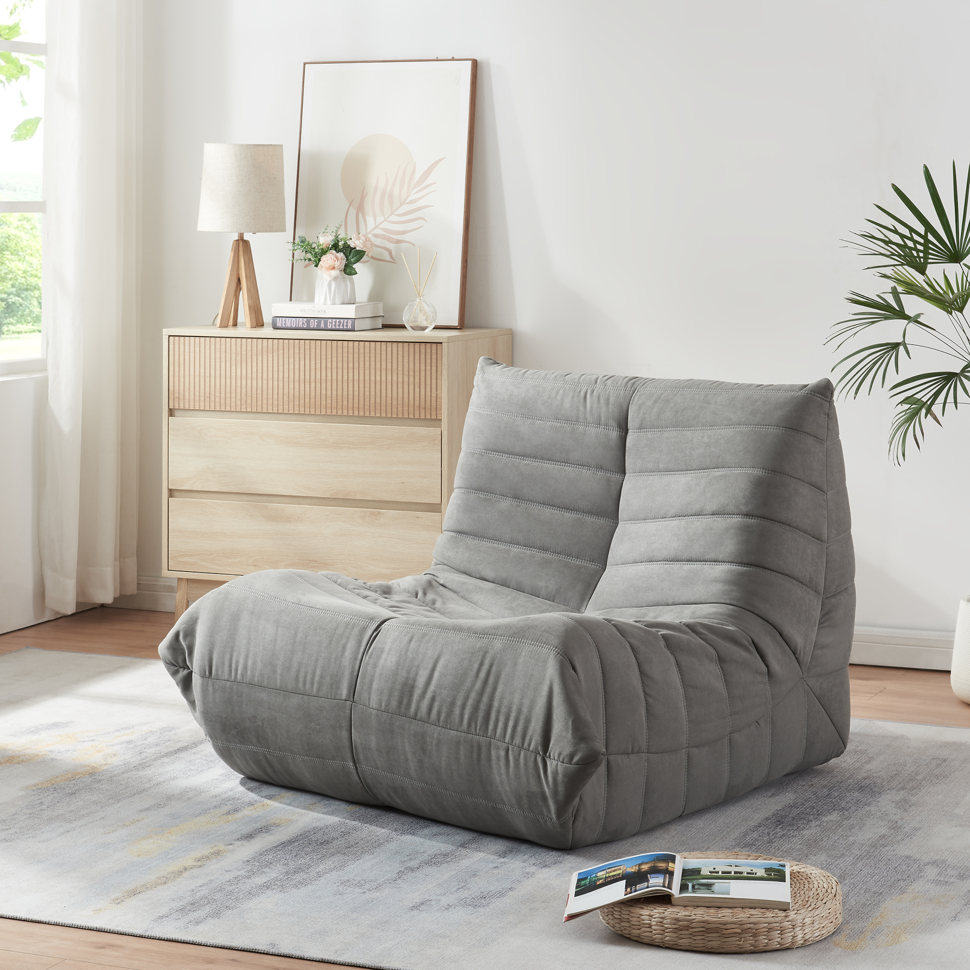 en.casa Bodensessel 'Kodsø' gepolstert Bodenstuhl mit Rückenlehne 75 x 90 x 100 cm Mikrofaser Grau