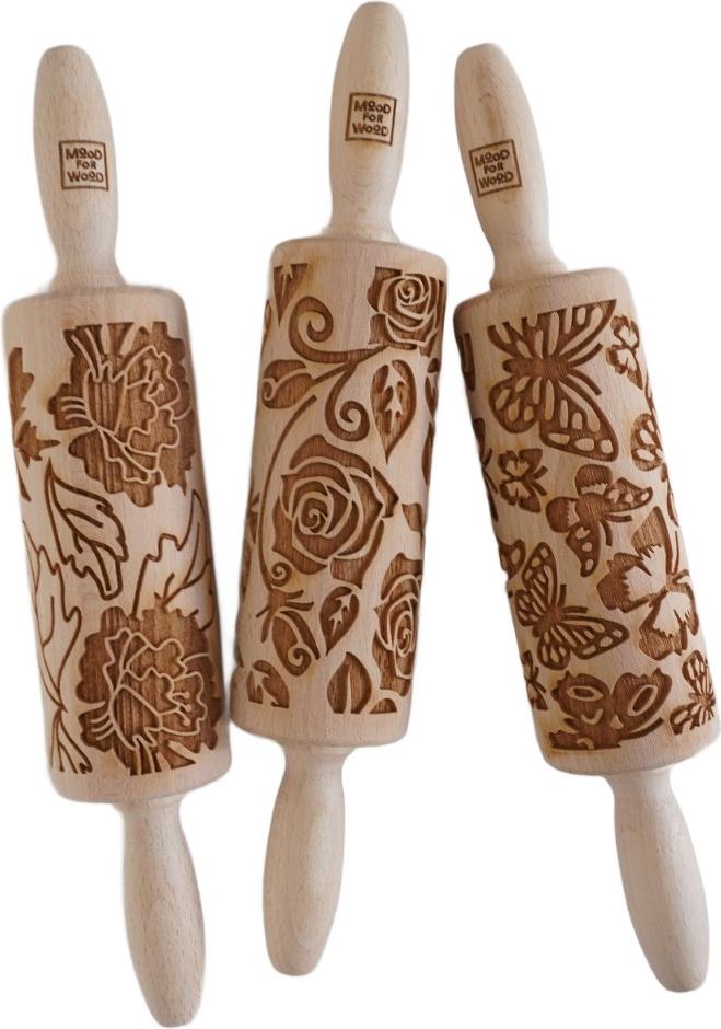 MOODFORWOOD Studio MoodForWood Nudelholz aus Holz, 25 cm, mit Griffen, 3er-Set, graviert, perfekt zum Backen - Muttertagsmuster